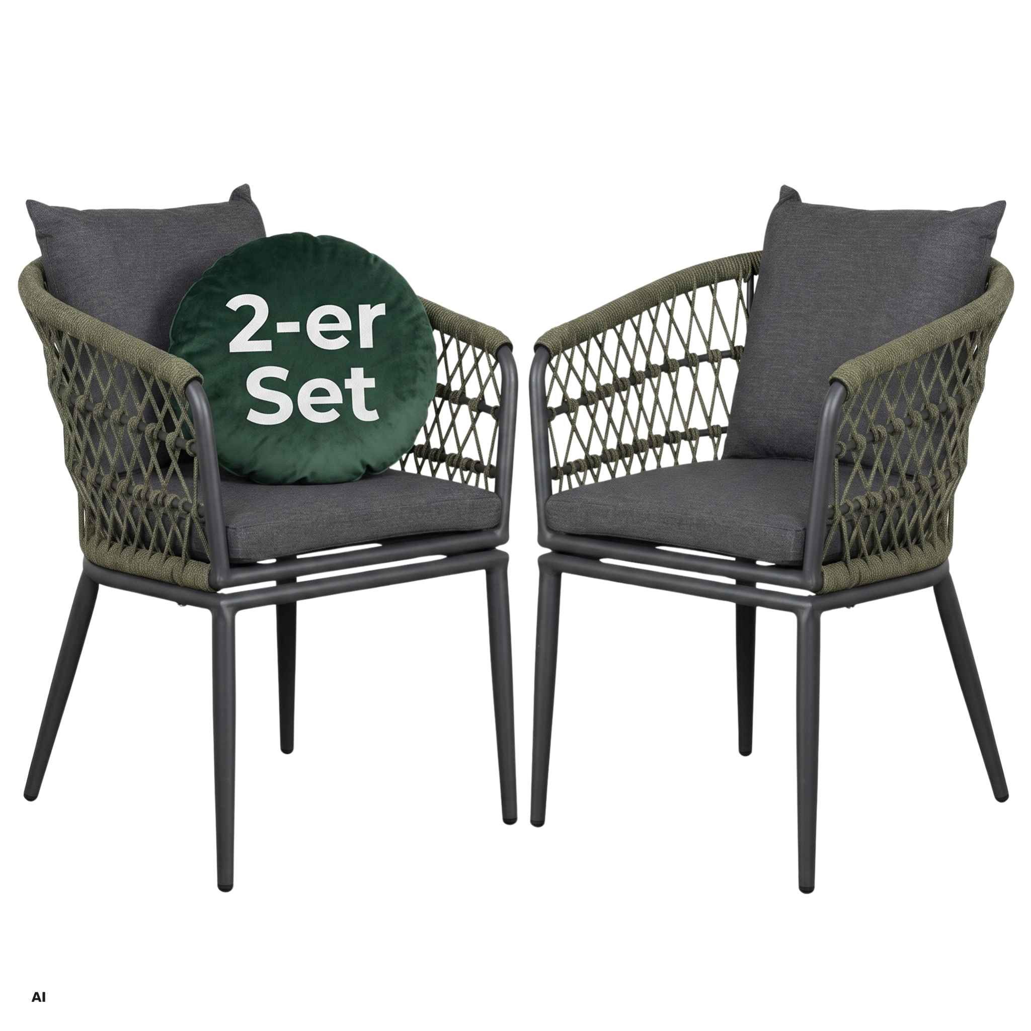 MR.DEKO Gartenstuhl 2er Set Diningsessel Gartensessel Genua Rope mit Kissen Outdoor Sessel (2er Set Sessel, 2 St), Relaxsessel Outdoor Garten wetterfest mit Rope-Geflecht