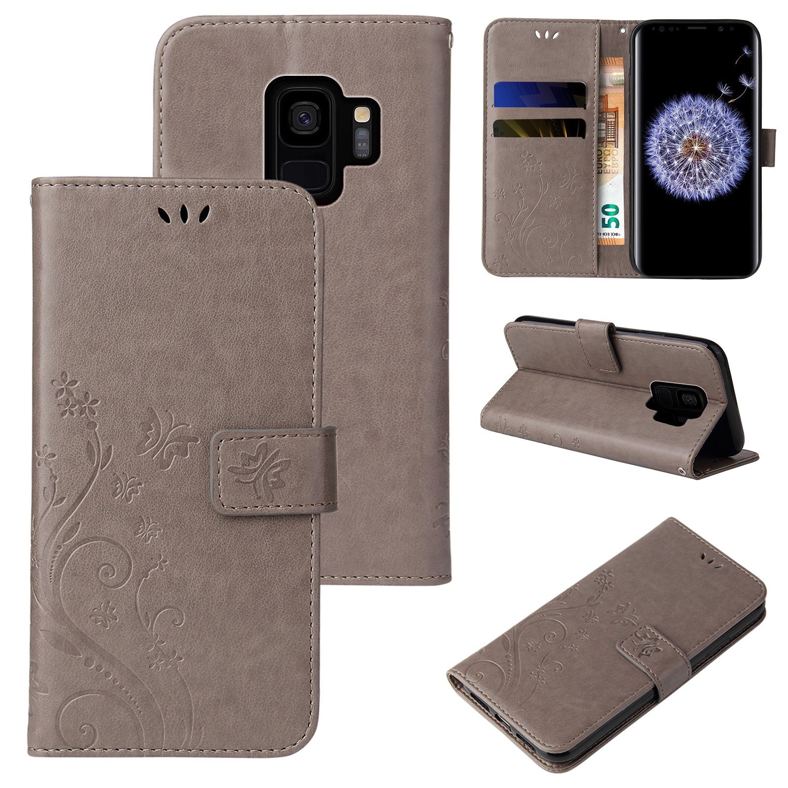 Tec-Expert Handyhülle Cover Tasche Hülle für Samsung Galaxy S9 5,8 Zoll, Klapphülle Case mit Kartenfach Fliphülle aufstellbar, Motiv Blumen
