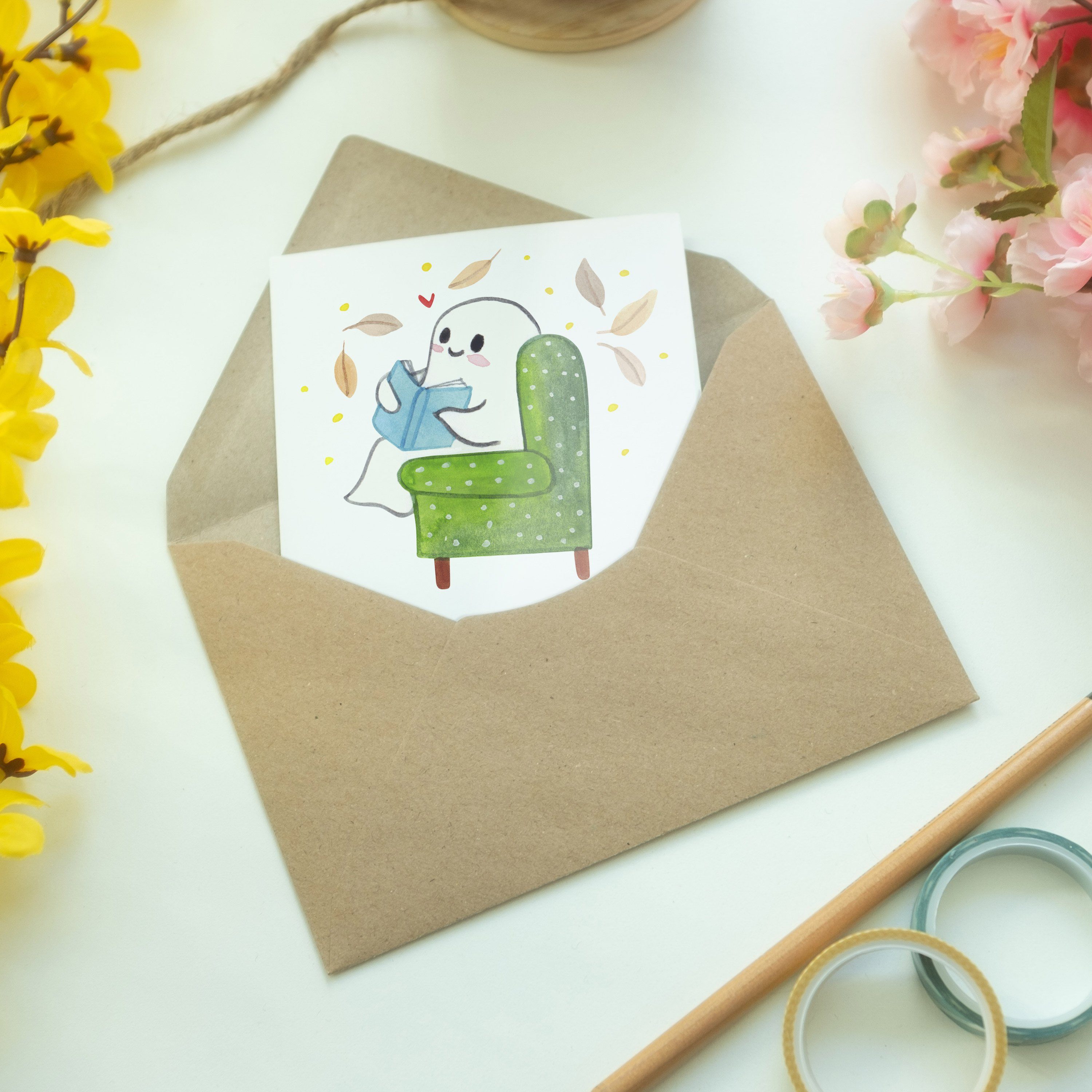 Weiß Grußkarte - Mrs. - Mr. Geschenk, Hochzeitskarte, Panda Geburtstagskarte Gespenst & Buch