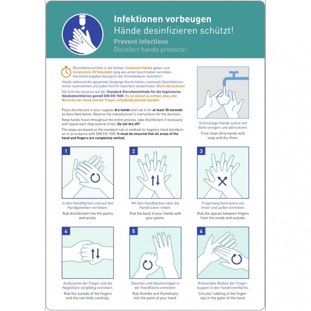 Hinweisschild Infektionen vorbeugen, Hände desinfizieren schützt!