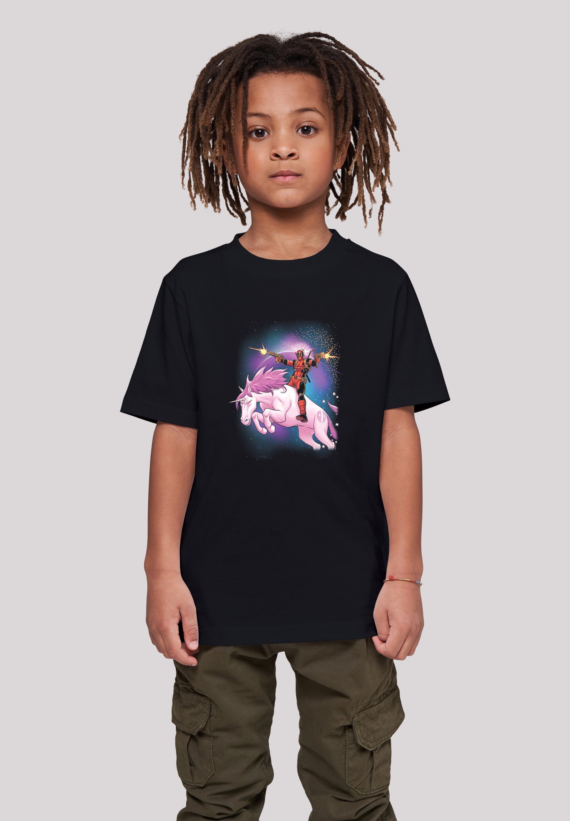 Kurzarmshirt Tee Kinder Space (1-tlg) Deadpool Kids Unicorn with Marvel Basic F4NT4STIC