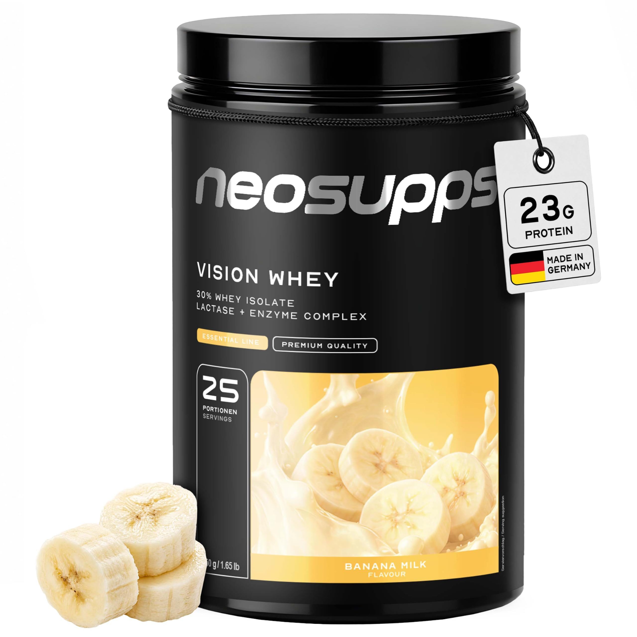 Neosupps Whey Protein Pulver Banana Milk 750g, Proteinpulver, Proteinshake Pulver, 750 g, Protein zum Muskelaufbau mit geprüfter Qualität, Made in Germany