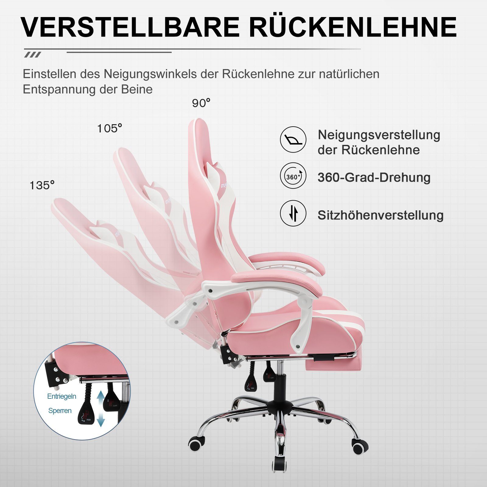 Fußstütze PINK Bürostuhl bis mit Zocker Rückenlehne belastbar, und Verbindungsarmlehnen Stuhl, Massage-Lendenkissen mit Hohe GTPLAYER 120kg Gaming-Stuhl