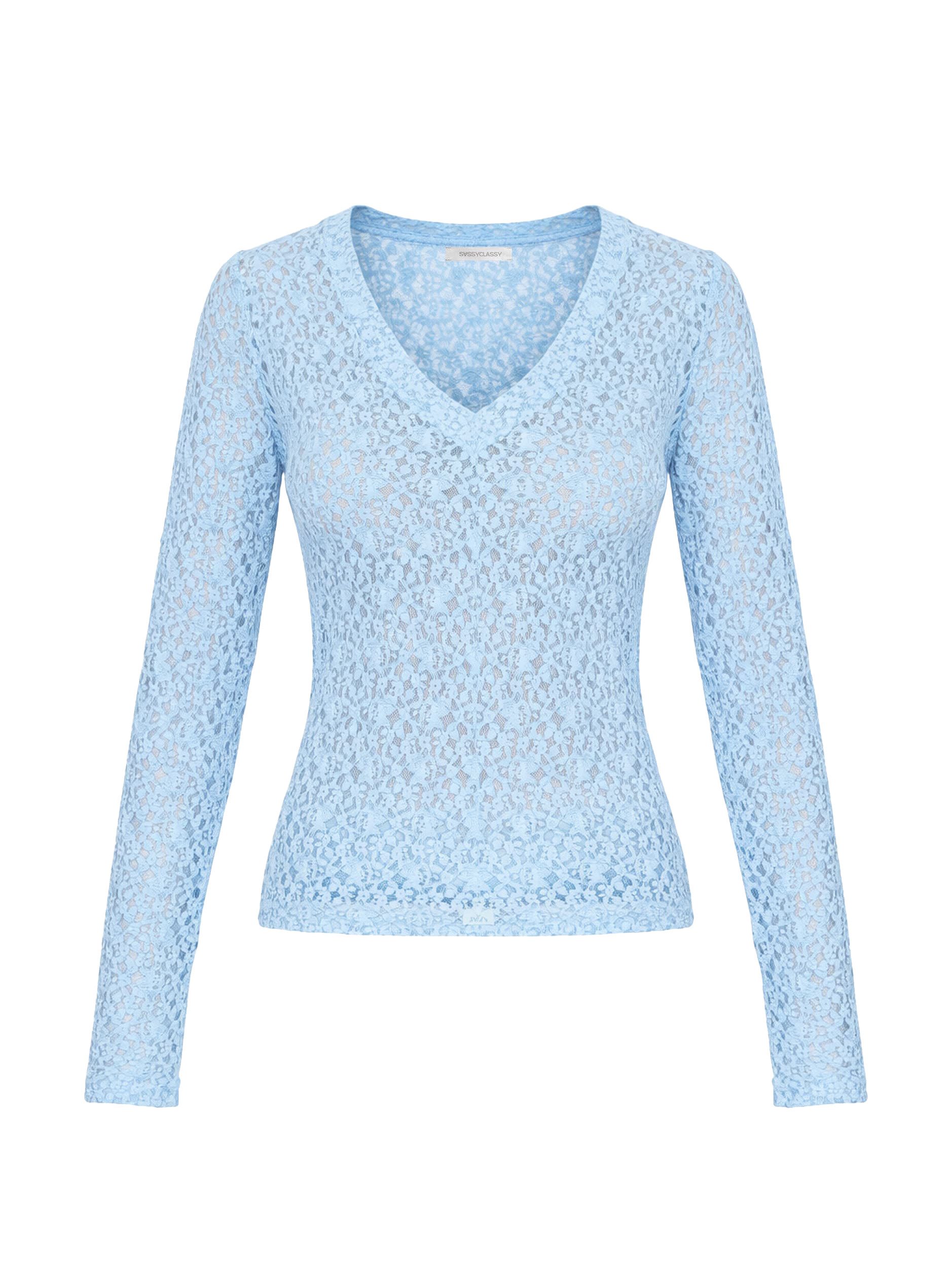 SASSYCLASSY Langarmshirt Spitzenshirt mit V-Ausschnitt für Damen Elegantes Langarmshirt mit floralem Muster in leichter Transparenz