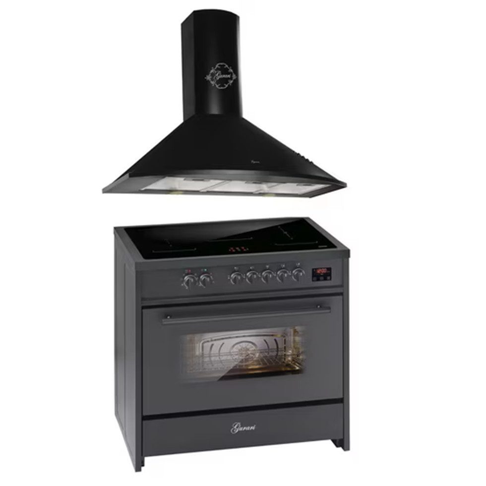 GURARI Induktions-Standherd Induktionsherd 90 cm Standherd Schwarz, 5 Kochzonen,Range Cooker 90 cm, 121L+ Dunstabzugshaube 90 cm E 913 BL+GCH 046 Bl 9,.,., mit 1-fach-Teleskopauszug, Standherd Schwarz, Range Cooker 90 cm, 121L+ Dunstabzugshaube 90 cm