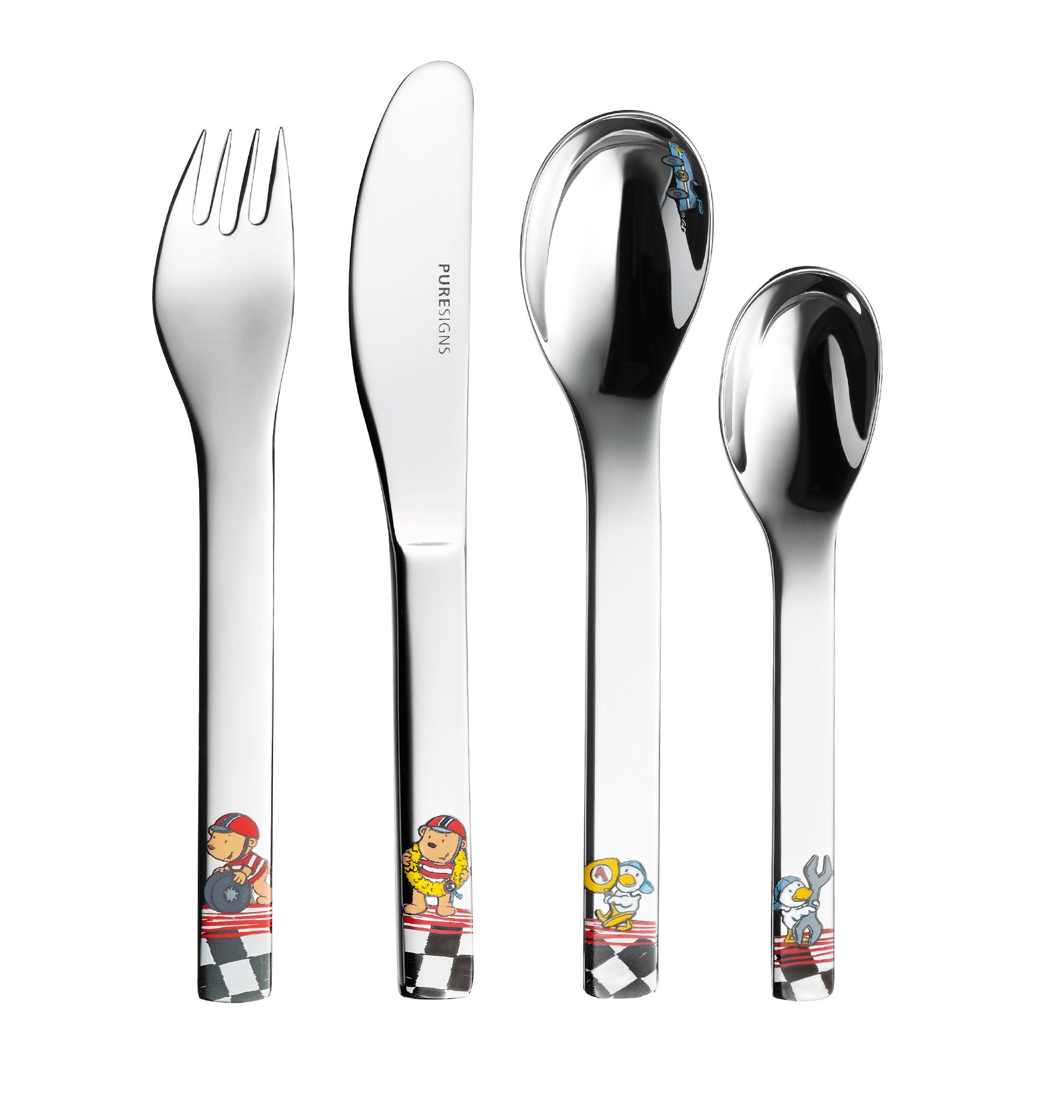 PURESIGNS Kinderbesteck QUICK (4-tlg), 1 Personen, Edelstahl 18/10, Rennfahrer-Koffer