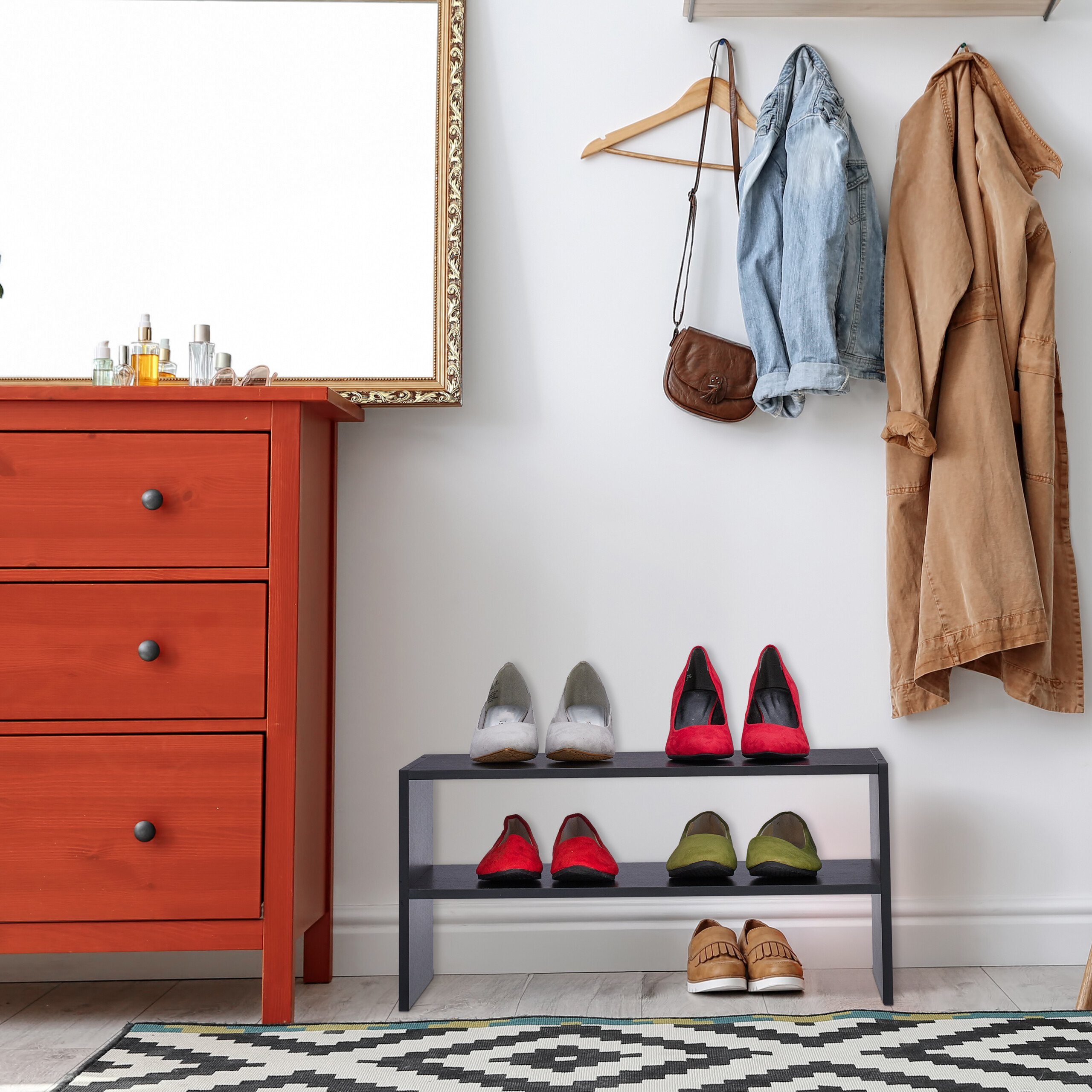 relaxdays Schuhregal Schwarzes Schuhregal mit 2 Ablageflächen günstig online kaufen