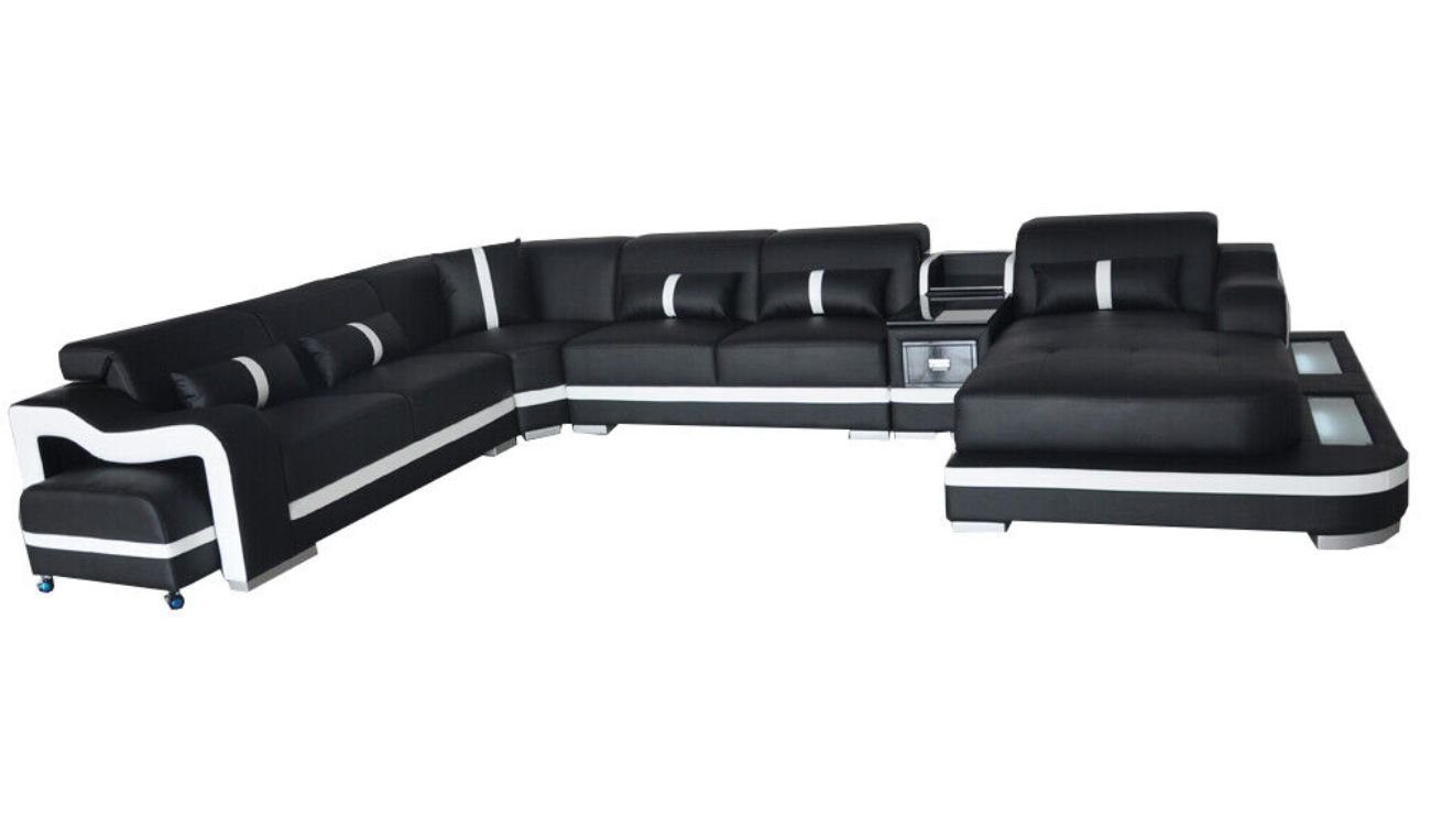 JVmoebel Ecksofa Wohnlandschaft Sofa Polster Leder Eckgarnitur Konsolen Tisch+Licht+USB Schwarz