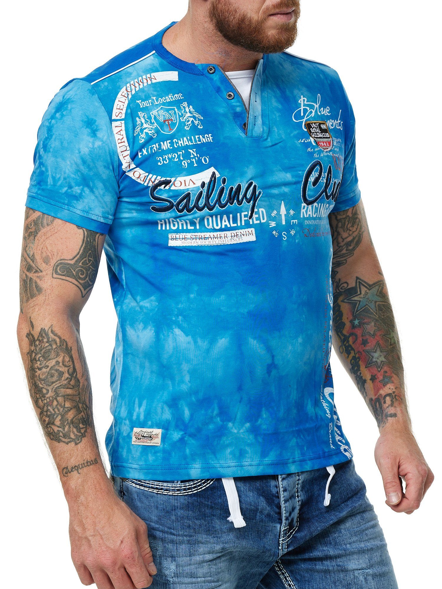 L.gonline Kurzarmshirt Herren T-Shirt mit Knopfleiste, Verwaschen kurzarm mit gestickten (Shirt Kurzarmshirt Tee, 1-tlg) Fitness Freizeit Casual