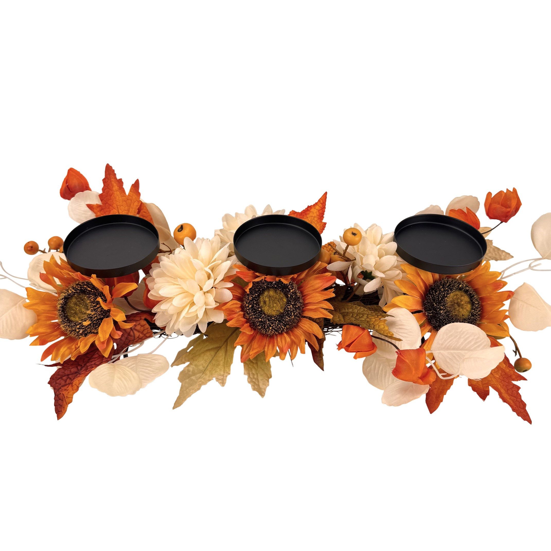 Online-Fuchs Kerzenständer - Kerzenhalter für 3 Stumpenkerzen mit Sonnenblumen - Herbstdeko (mit Herbstlaub und dekorativen Beeren, Kerzenteller aus Metall), Dekoration mit den warmen Farben des Herbstes