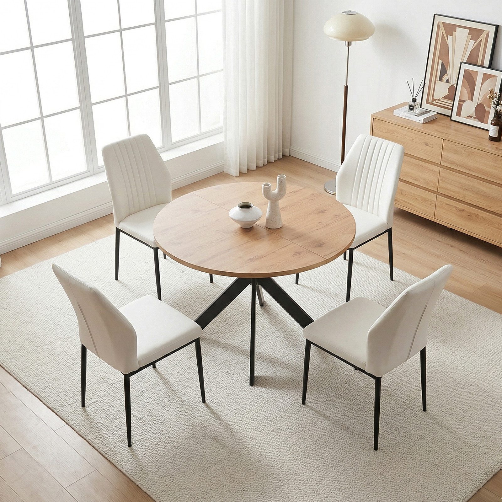 Jiexi Essgruppe Essgruppe Runder Tisch Ø 115cm Eiche Sternfuß & PU Kunstleder Stühle – Bild 2 von 5