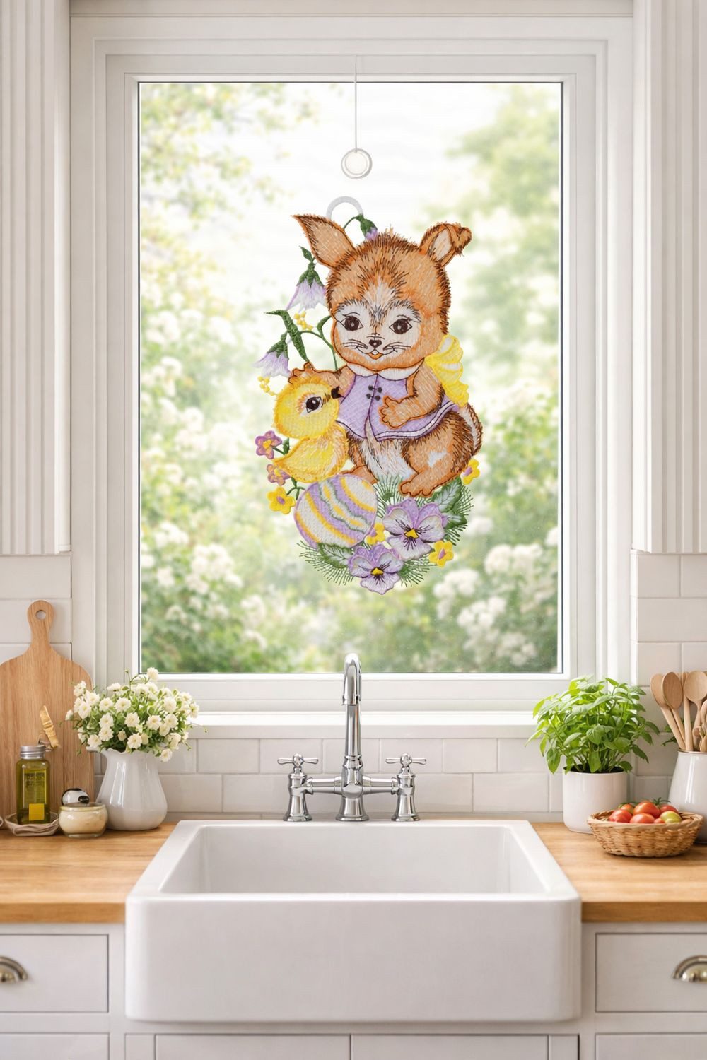 texpot Fensterbild Plauener Stickerei Osterhase mit Küken Saughaken, Saughaken