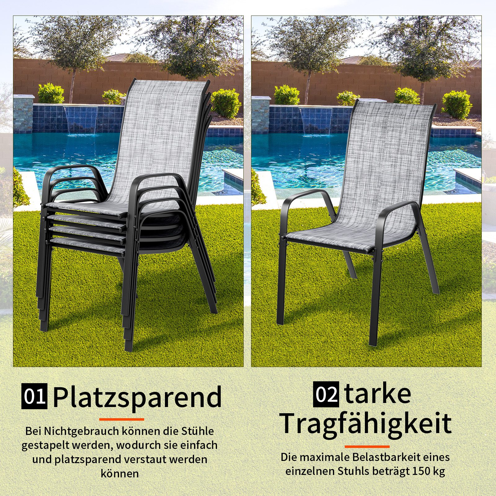 TLGREEN Stapelstuhl Gartenstühle Stapelstuhl,Camping Stapelbar Hochlehner, (Terrassenstuhl Textilene Stahlgestell für Gärten Innenhöfe Balkone Restaurants, 4 St – Bild 5 von 5