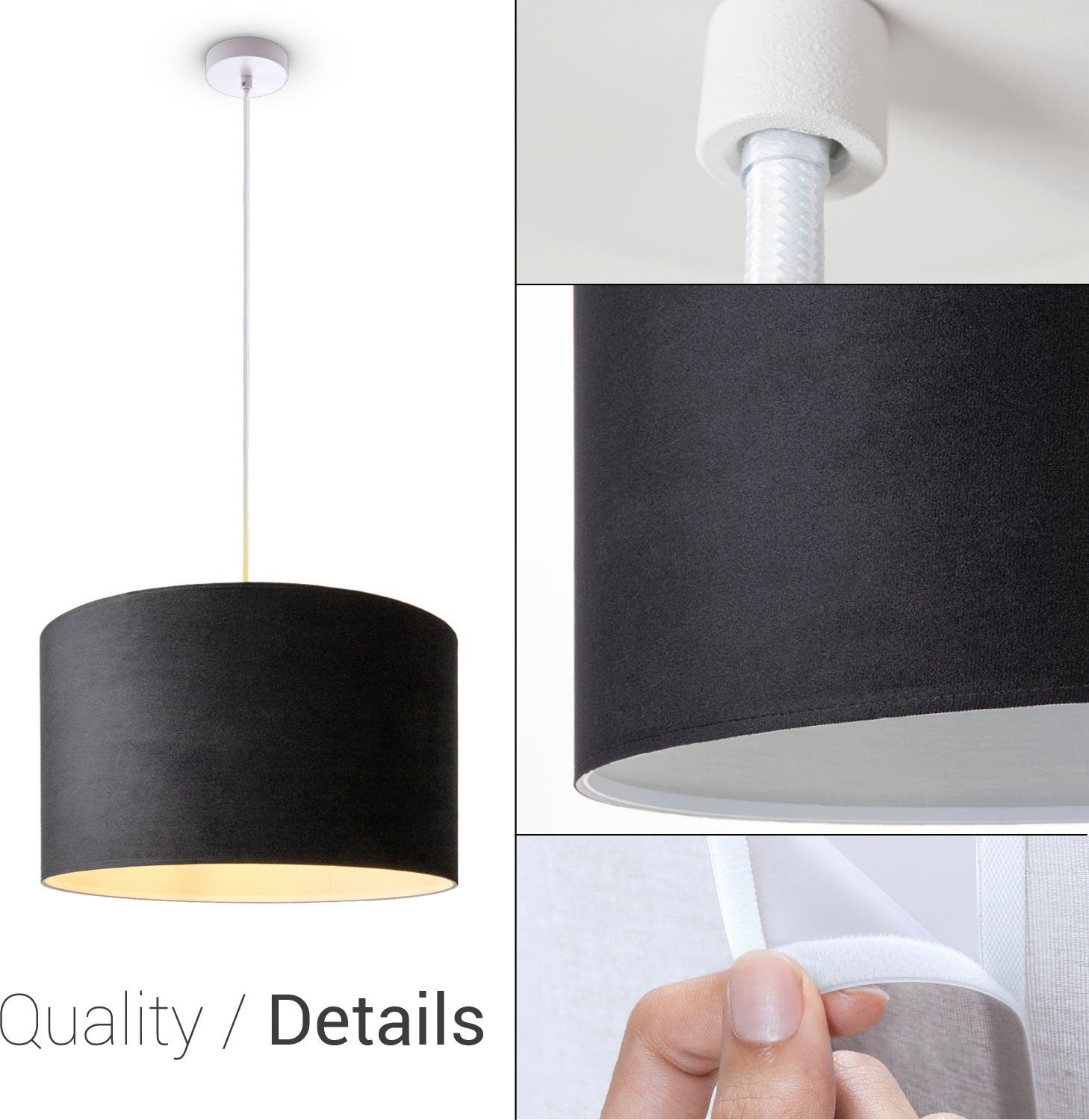 Lampenschirm Home Pendelleuchte uni Leuchtmittel, 1,5m Hugo Velour Kabel E27 aus schwarz Deko Unifarben ohne Paco Color, Wohnzimmer