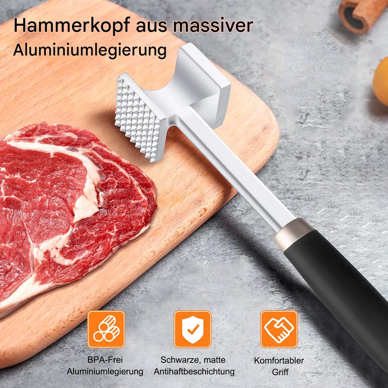 SURFOU Fleischklopfer Edelstahl Burger Smasher Fleischzartmacher Schnitzelklopfer Steaker, Doppelseitiger Fleischklopfer - 27 cm, Antihaft, ergonomischer Griff
