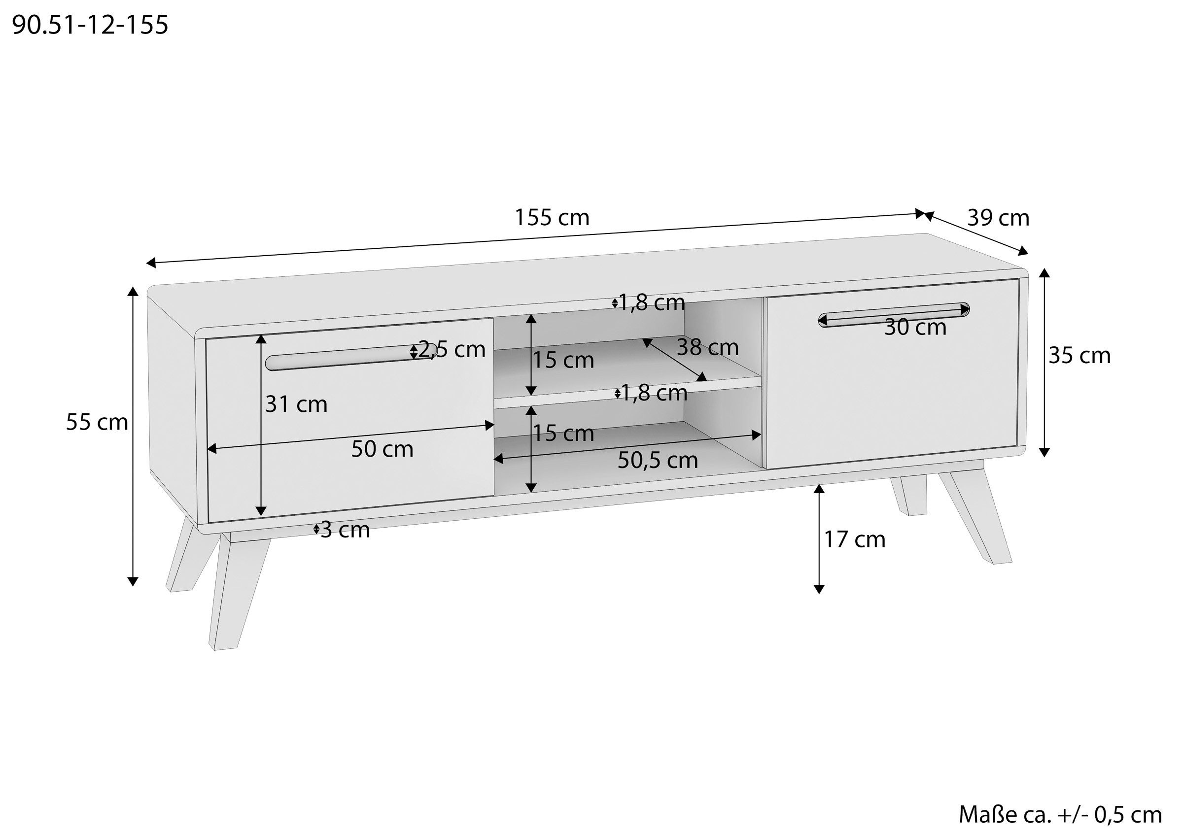 ERST-HOLZ Lowboard Lowboard Fernsehschrank Holzkommode mit 2 Türen 1 Ablage aus Kernbuche, V-90.51-12 Lowboard mit 2 Türenin zwei Größenaus Rotbuche