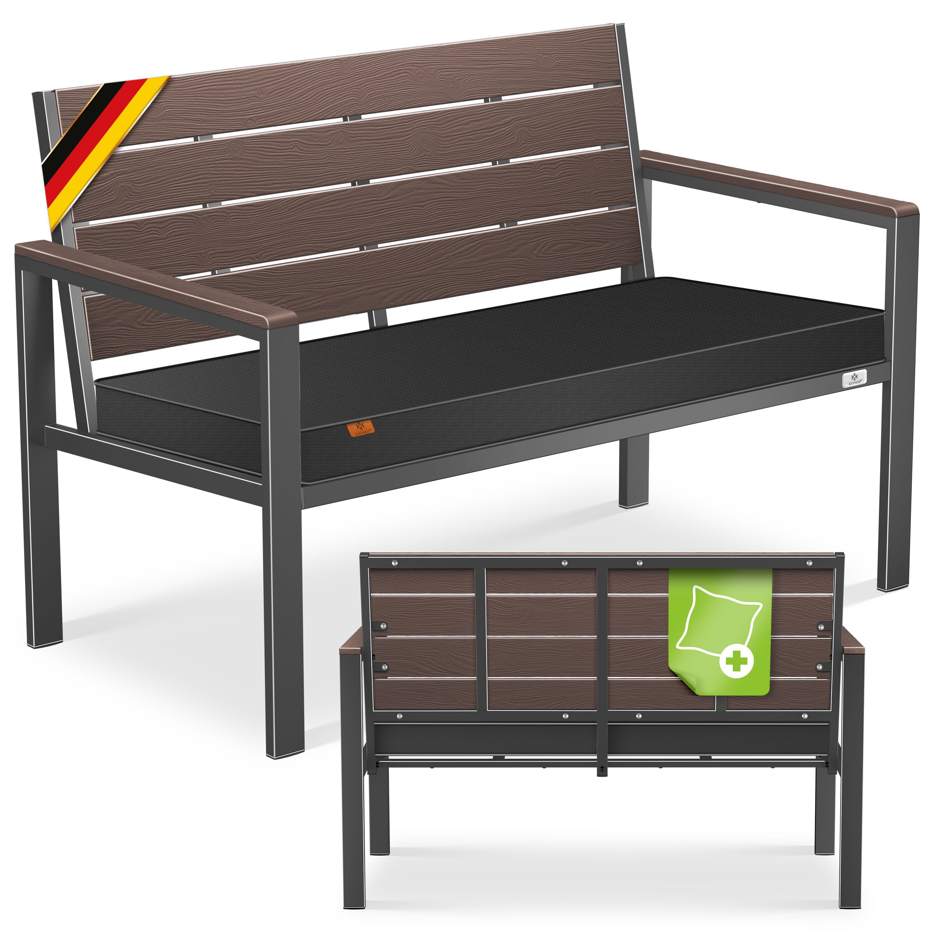 KESSER Gartenbank 2-Sitzer Balkonbank in Holzoptik bis 300 kg belastbar (Parkbank inkl. abnehmbarem & waschbarem Sitzpolster & Montagezubehör), UV-beständige Sitzbank für Garten, Terrasse & Balkon