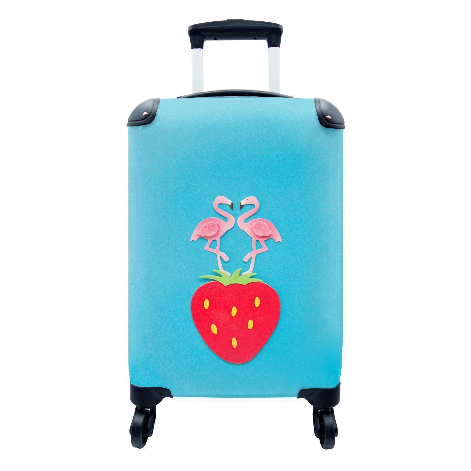4 Ferien, für rollen, Erdbeere, Reisekoffer Papierflamingos Handgepäckkoffer MuchoWow auf Reisetasche Handgepäck Trolley, Rollen, mit