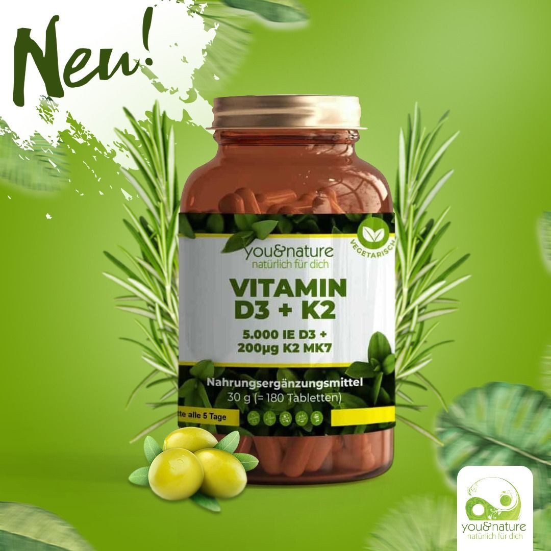 You&Nature Vitamin D3 5.000 I.E. + Vitamin K2 200 mcg – 180 Tabletten Tabletten, 180 er 180 St., 30 g, Laktosefrei Glutenfrei Sojafrei Ohne Nüsse