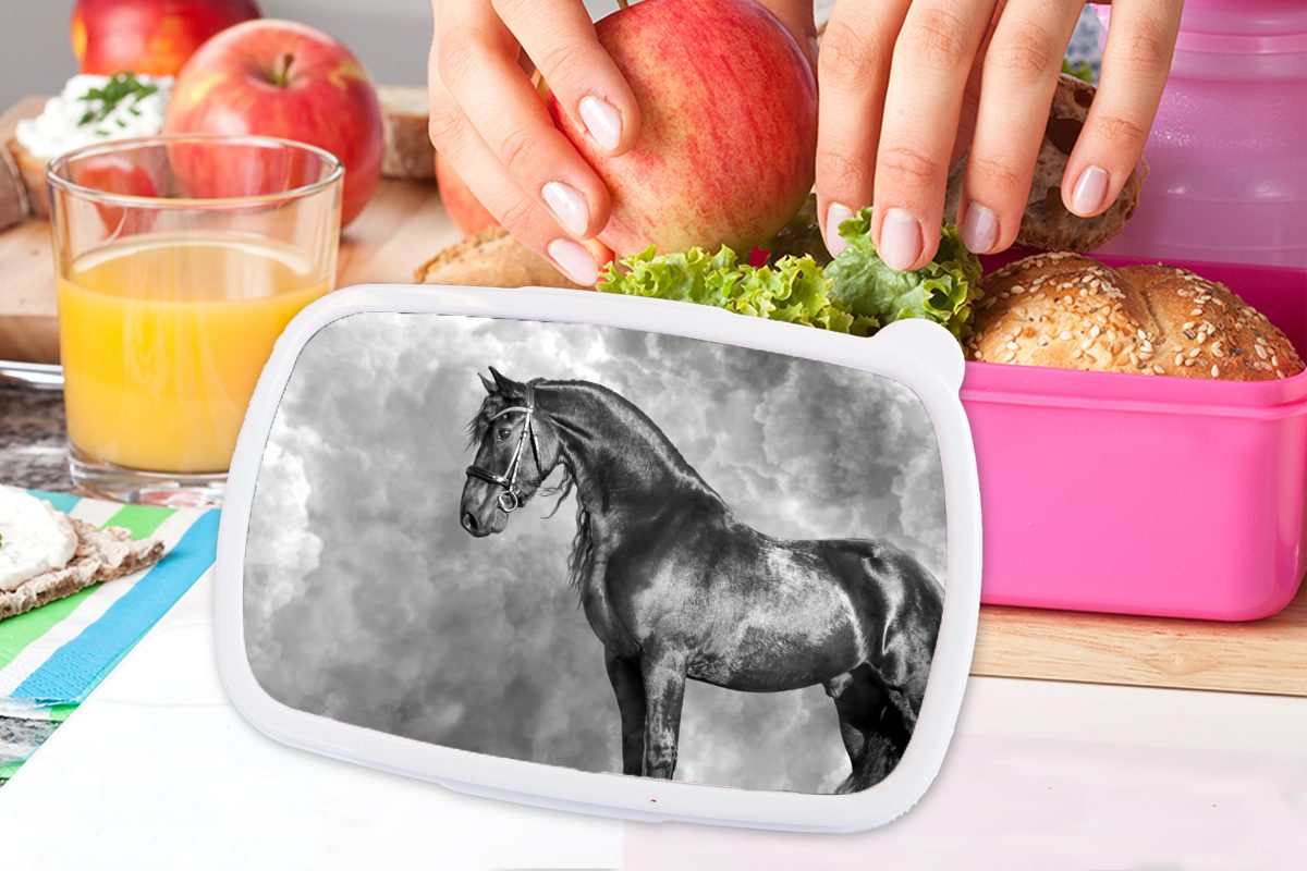 - Erwachsene, MuchoWow Kunststoff, rosa Friese Pferde - Weiß, Brotbox für Snackbox, - - Kinder, Mädchen, Schwarz Porträt Kunststoff Brotdose Lunchbox (2-tlg),