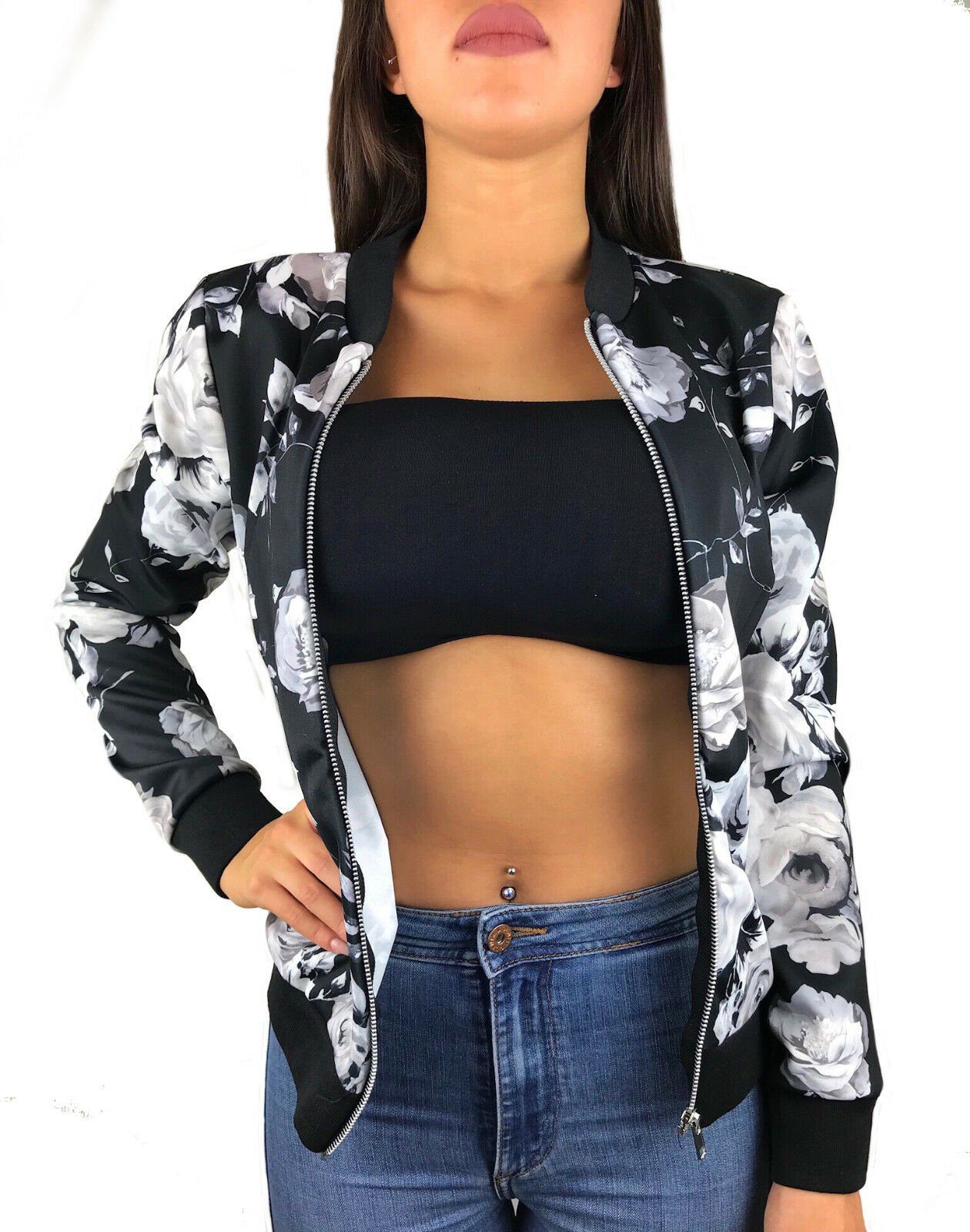 Worldclassca Bomberjacke Worldclassca Damen Bomberjacke Blumenprint Sommer Blumen Blüten Flower Muster Bomber Jacke Übergangsjacke Blouson Fliegerjacke kurz mit Reißverschluss Zip Neu