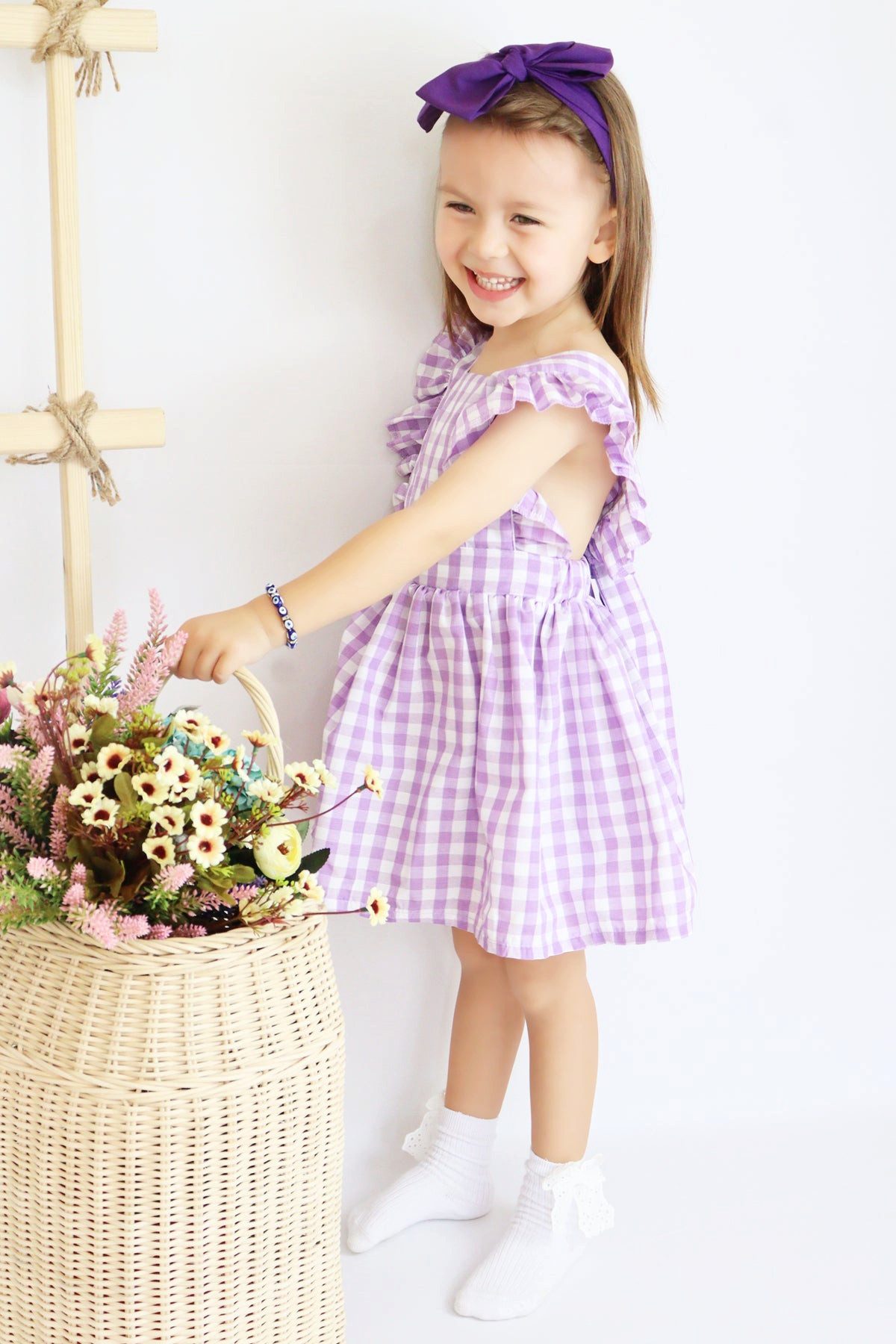Parla Kids Kleid & Haarband Kleid Violetta - Plaid Muster in lila weiß, Rüschensaum und Haarband