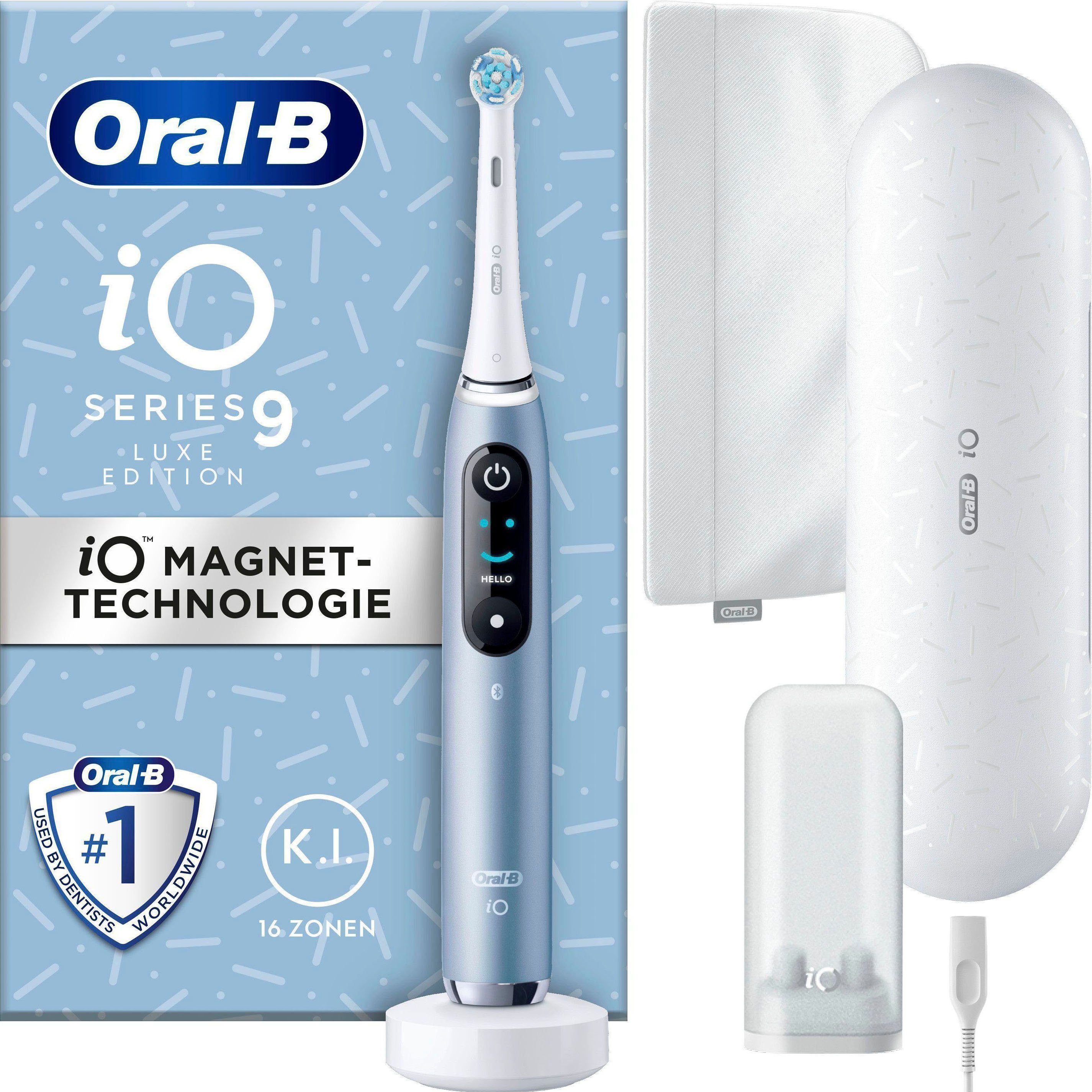 1 Magnet-Technologie, Marine iO Lade-Reiseetui Oral-B Edition, Putzmodi, Elektrische 9 Aqua mit Luxe & Aufsteckbürsten: Zahnbürste 7 St., Farbdisplay