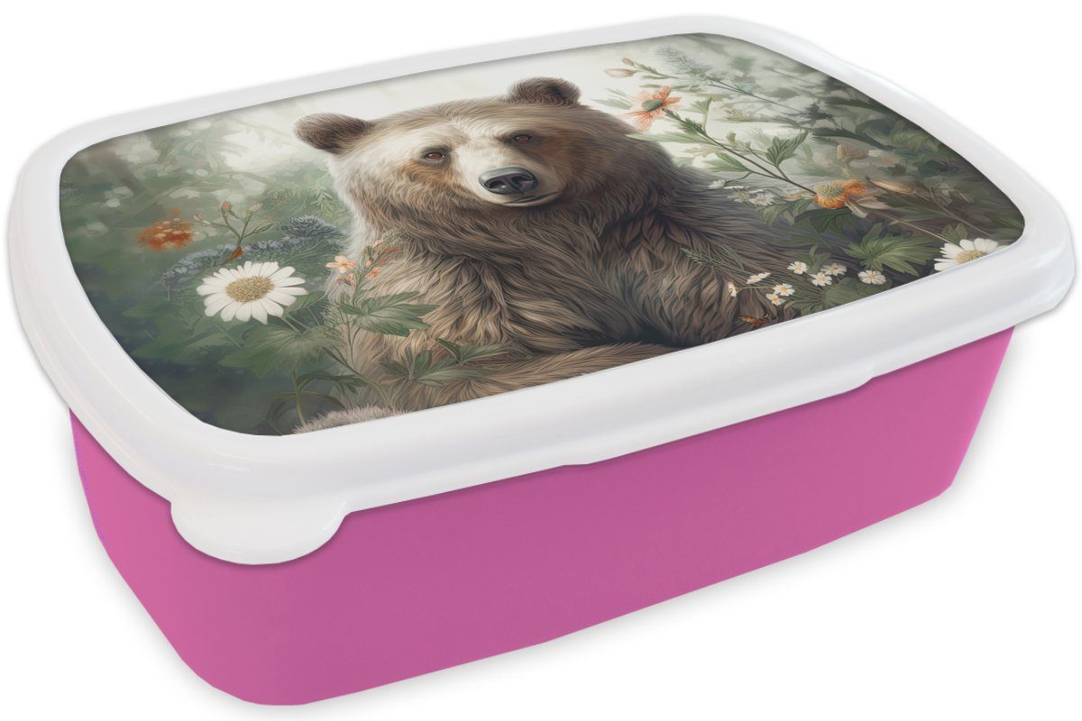 Pflanzen, Braunbär Kinder, Kunststoff Lunchbox Brotbox Snackbox, Brotdose für Wildtiere Erwachsene, MuchoWow - Kunststoff, (2-tlg), Blumen rosa Mädchen, - -