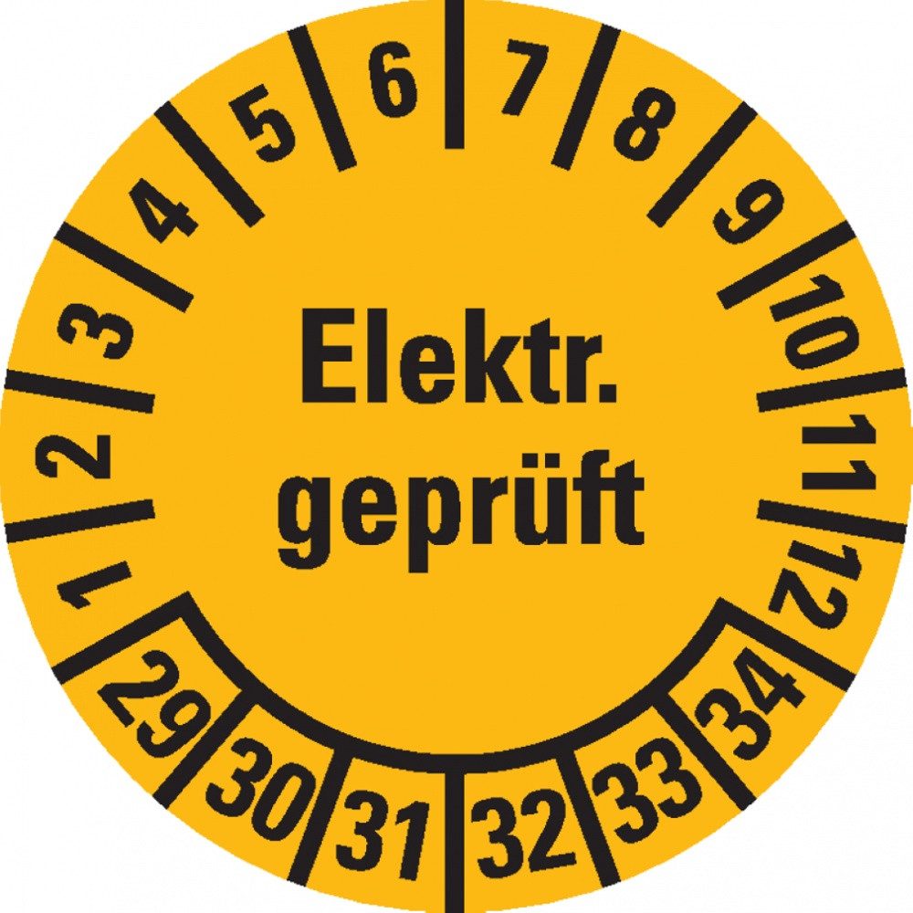 Dreifke Hinweisschild Plakette Elektrisch geprüft 29-34, gelb, DokumentenAufkleber, Ø 20mm, Aufkleber (Folie)