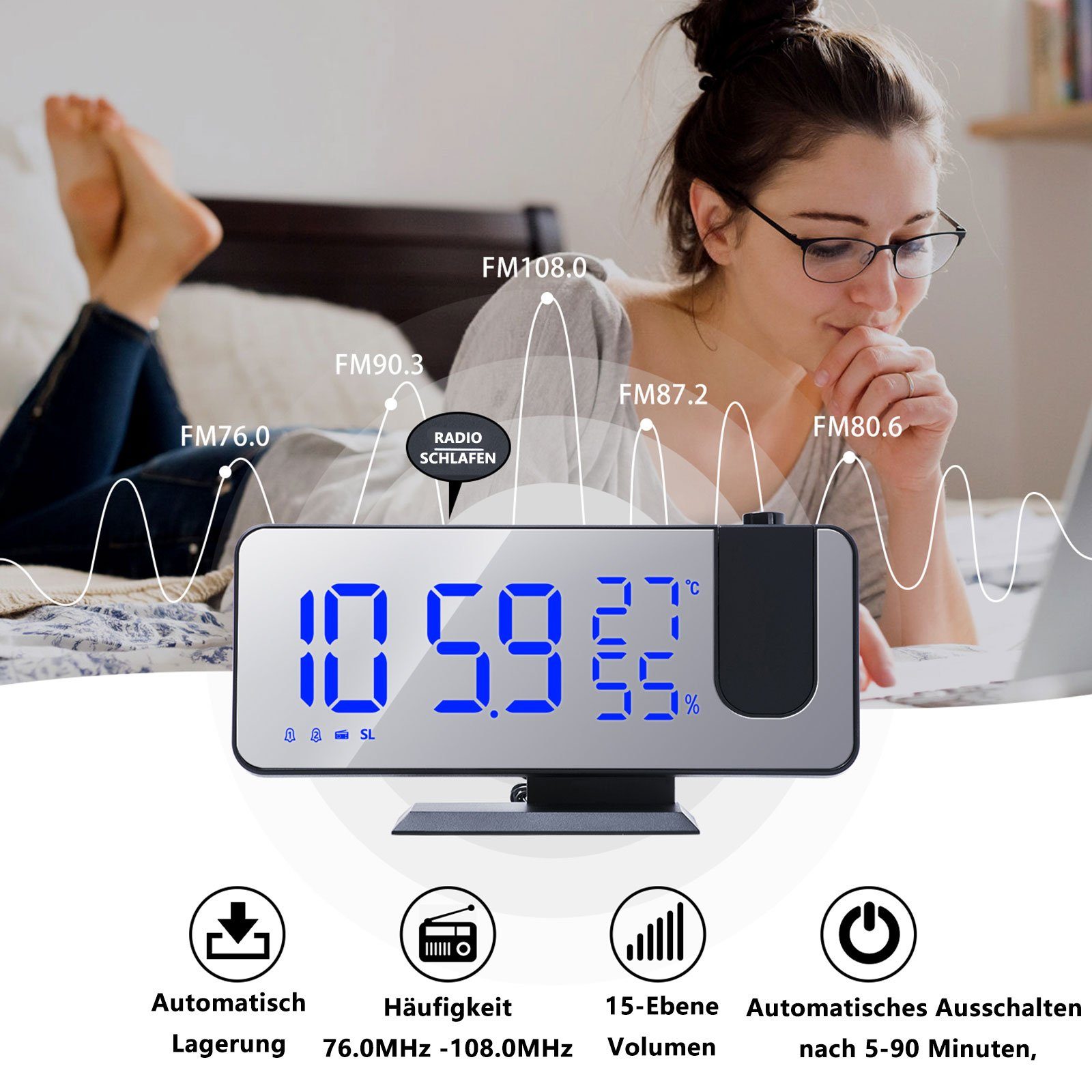 LED Projektion Radiowecker Projektion 180 Akku USB-Anschluss Dual-Alarm 12/24H Blau Alarm ohne Farbe Radio ° Ziffer Projektionswecker OKWISH Schwarz Schale Temperatur Digital Wecker Digitalwecker