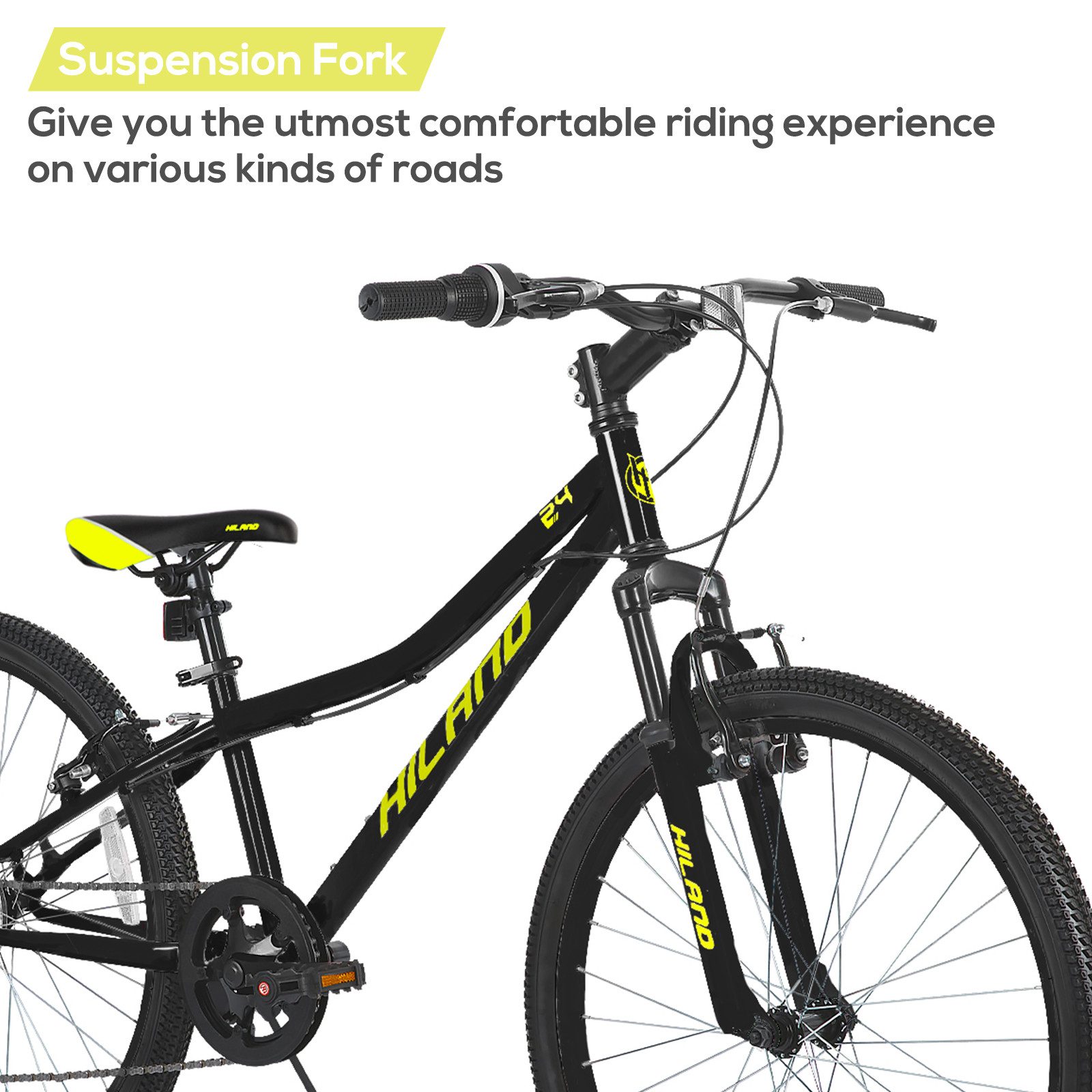 HILAND Mountainbike 24 Zoll Kinderfahrrad ab 6-12 Jahre alt MTB Studenten-Pendlerfahrrad, mit Federgabel 7 Gang, V-Bremse, Hochwertiger Rahmen