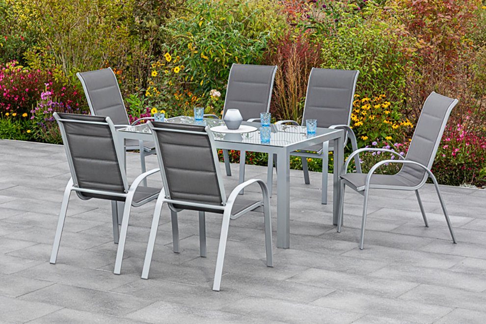 Tisch, Glasplatte lusso, (7-tlg), grauer MERXX Garten-Essgruppe mit 6 Sessel mit Aluminiumgestell Amalfi di