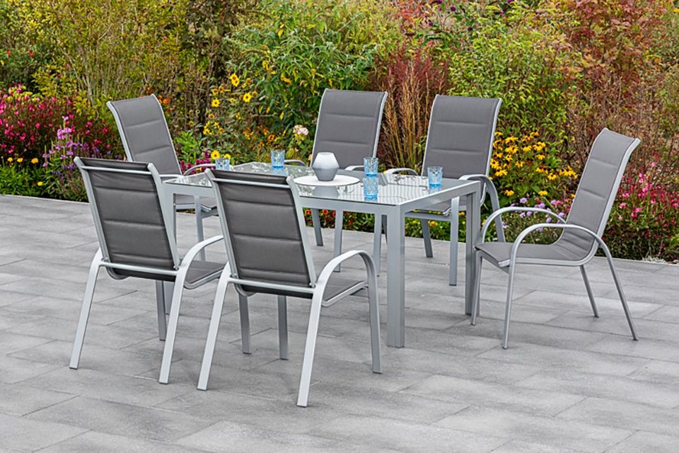 MERXX Garten-Essgruppe Amalfi di lusso, (7-tlg), 6 Sessel mit Tisch,  Aluminiumgestell mit grauer Glasplatte