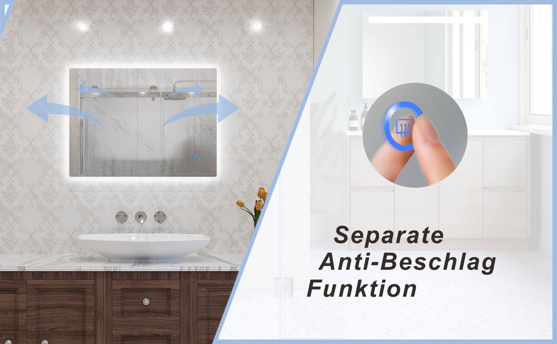 AQUABATOS Badspiegel Touch Schalter, 6400K, Beleuchtung LED mit Badspiegel Dimmbar, beleuchtet), (Badezimmerspiegel Spiegelheizung Kaltweiß Lichtspiegel Wandspiegel