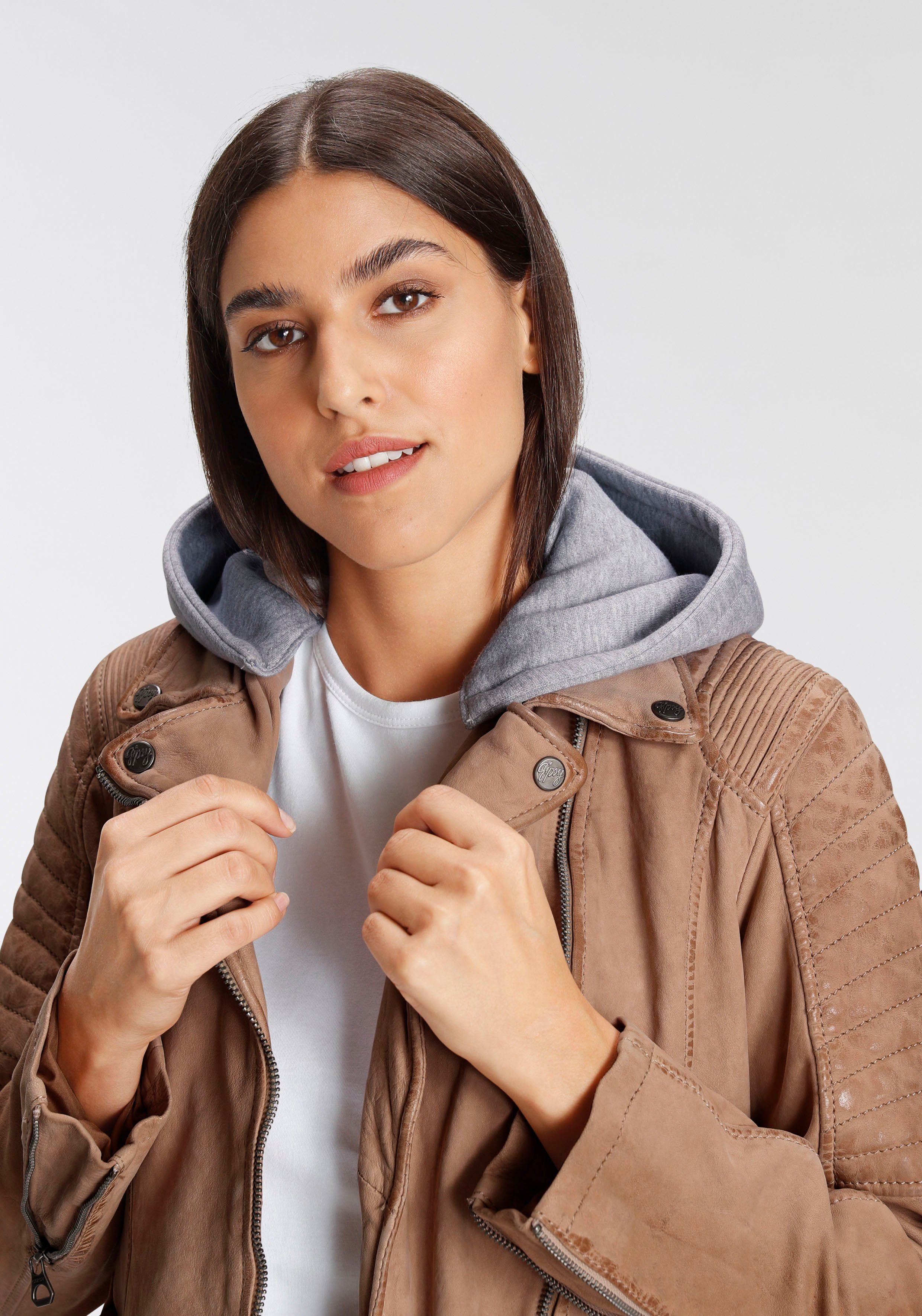 beige Lederjacke CYARA Jerseyqualität aus mit Gipsy Lederjacke abnehmbarem Kapuzen-Inlay