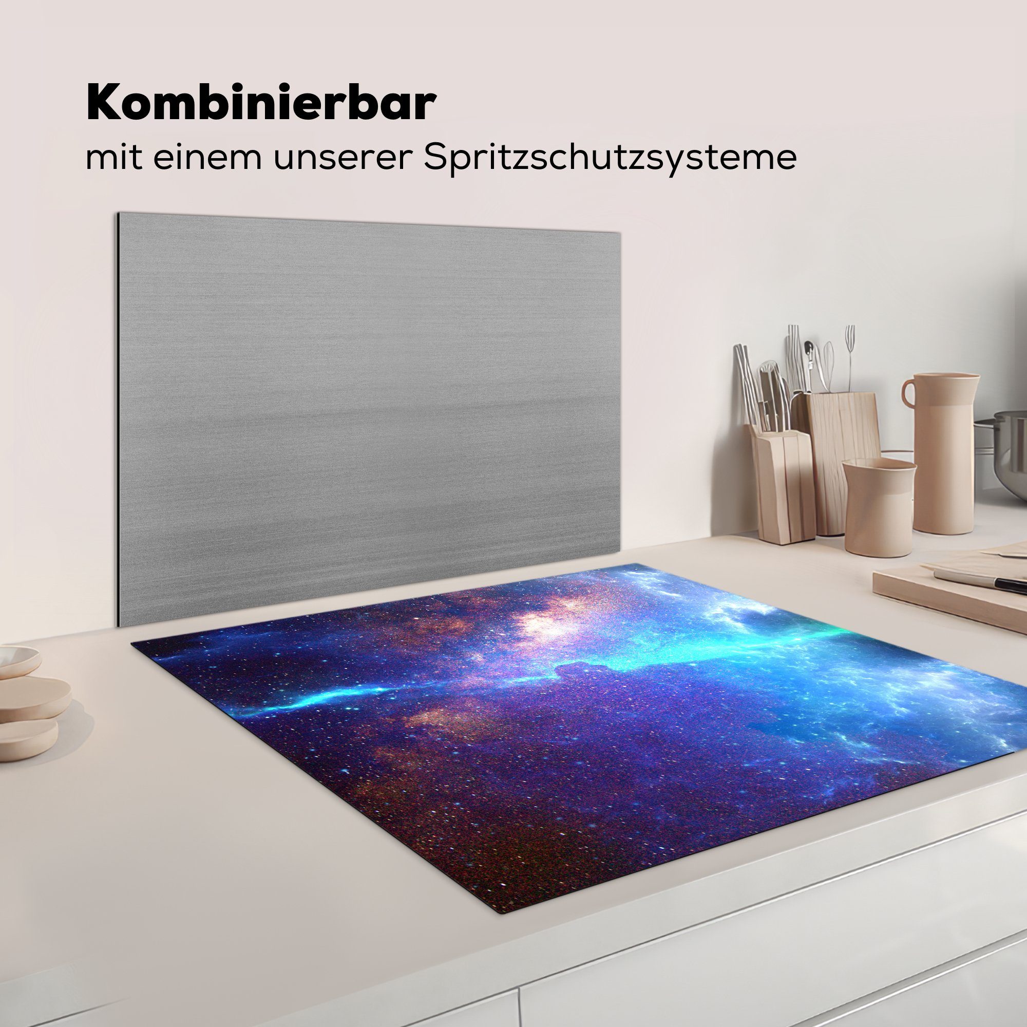 Blau, Vinyl, MuchoWow für Herdblende-/Abdeckplatte - 78x78 - cm, tlg), Sterne küche (1 Arbeitsplatte Ceranfeldabdeckung, Weltraum