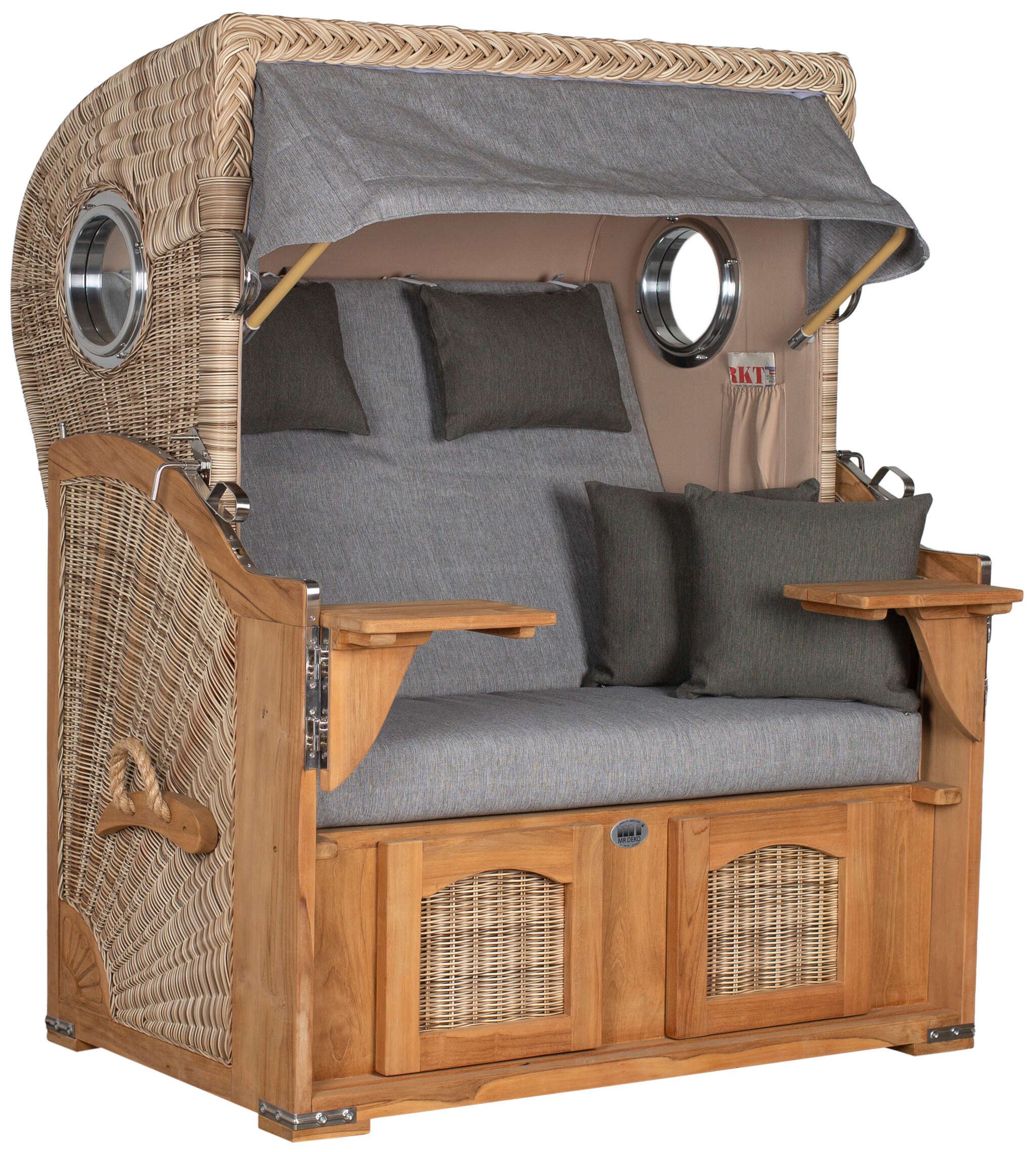MR.DEKO Strandkorb 2-Sitzer Düne Teak PE Shell Bullauge 125x80x170cm, BxTxH: 125x80x170 cm, Volllieger, Düne, (Fertig montierter Strandkorb für Garten, Terrasse & Balkon), Wetterfester Volllieger mit Edelstahlbeschlägen & waschbaren Polstern