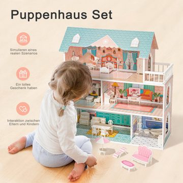 XDeer Puppenhaus Hölzernes Puppenhaus-Spielset mit Möbeln und Zubehör, 3 Etagen, echtes Traumspielzeughaus, tolles Geschenk für Mädchen