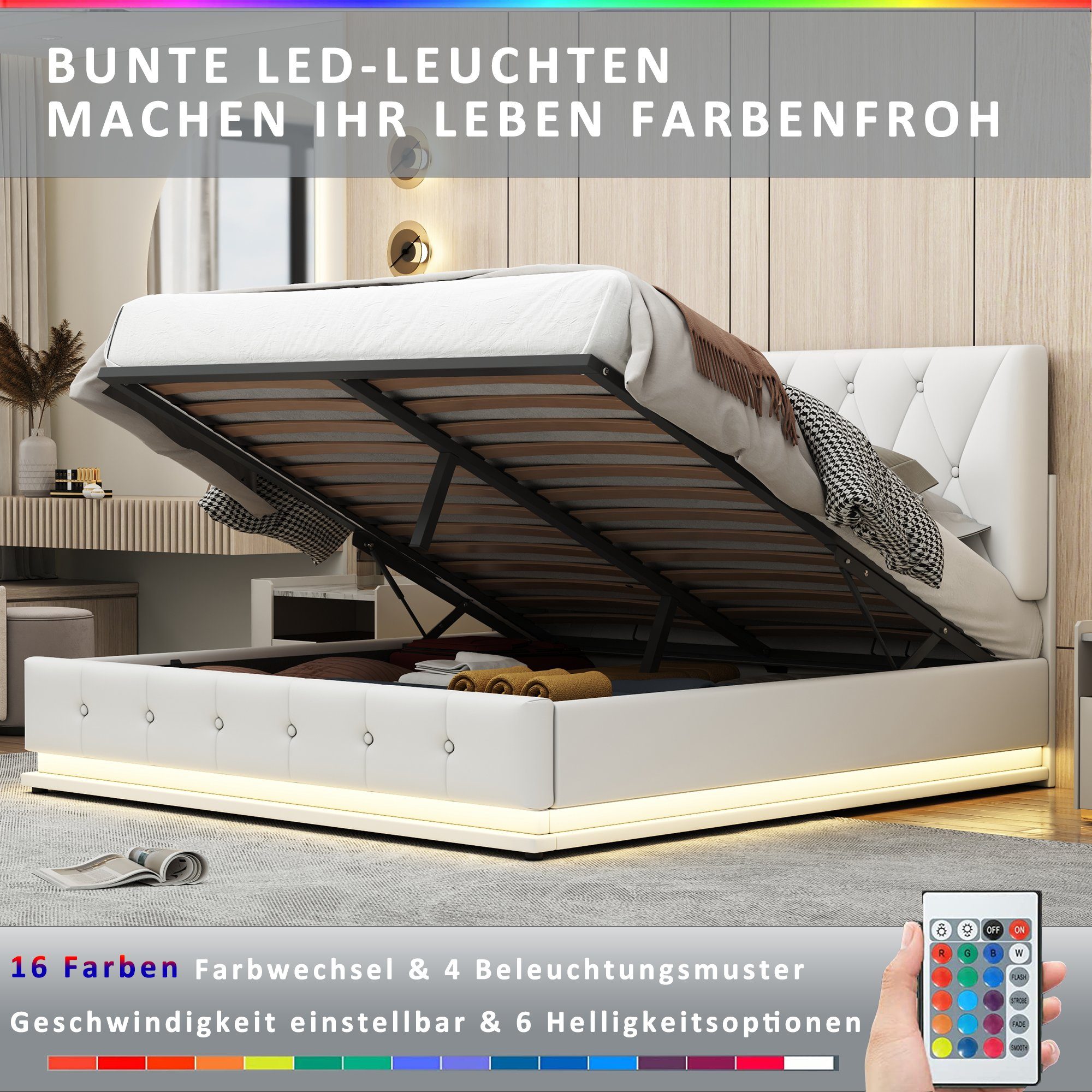 Kunstleder Polsterbett, 140x200cm LED Beleuchtung Flieks Stauraumbett Doppelbett