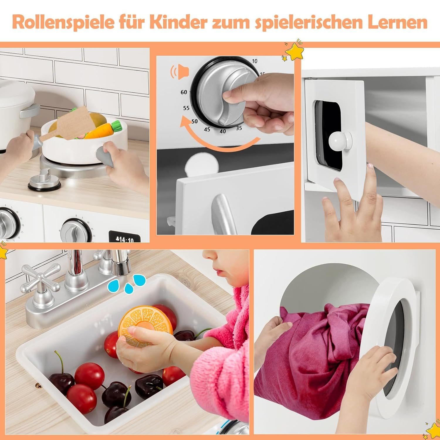 KOMFOTTEU Spielküche Kinderküche Holzwerkstoff, für Kinder inkl. Spielzubehör, 78 x 29 x 93cm