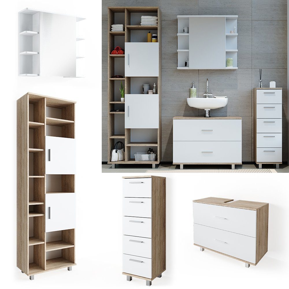 Vicco Badmöbel-Set Ilias, Weiß/Sonoma, 4 Teile, mit Hochschrank, (4-St., 4er Set)