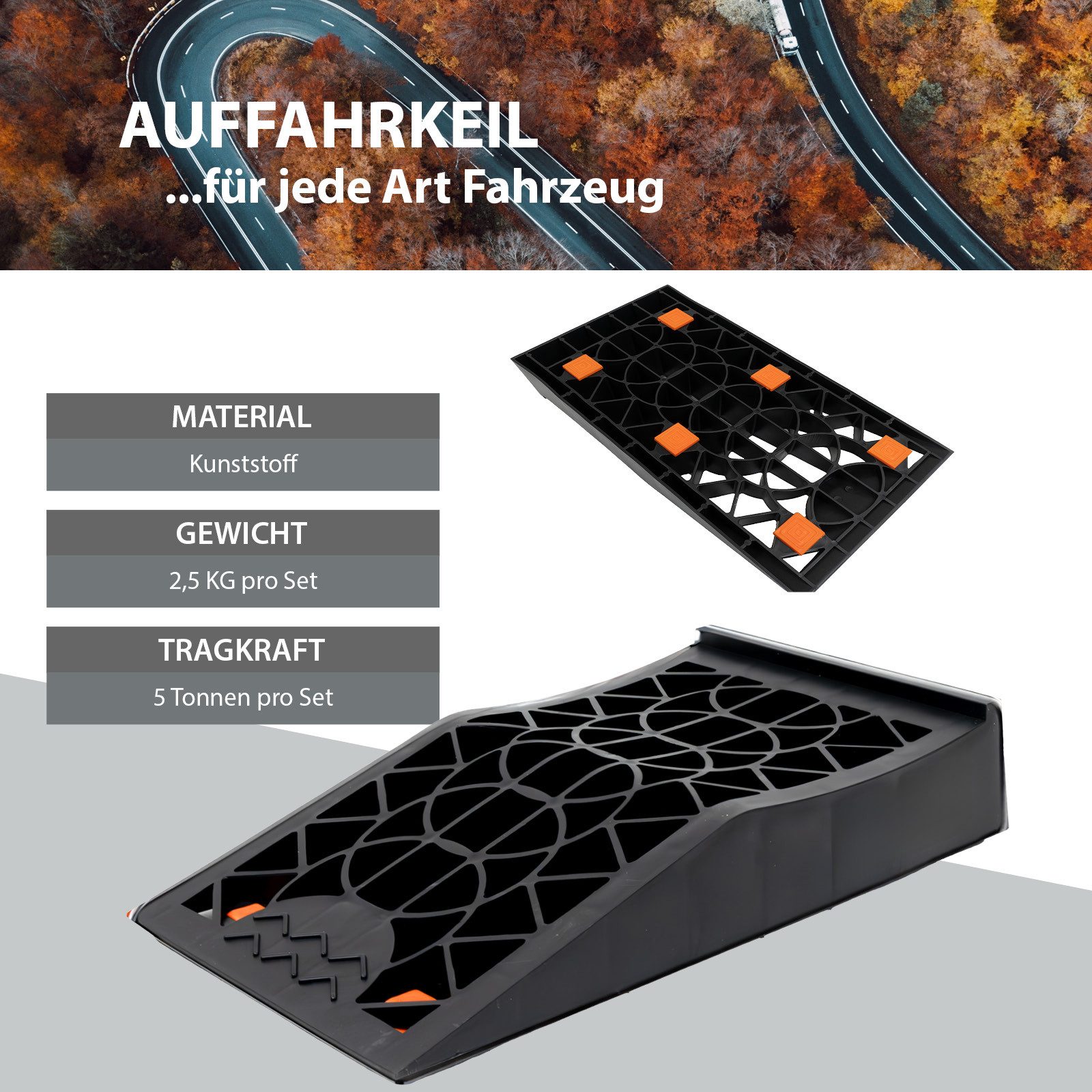 TRUTZHOLM Auffahrrampe 2 x Auffahrkeil mit Überfahrstopper 42 x 23 x 8 cm 5 t Stufenkeil (einfach zu transportieren), Hohe Tragkraft, Rutschfeste Oberfläche