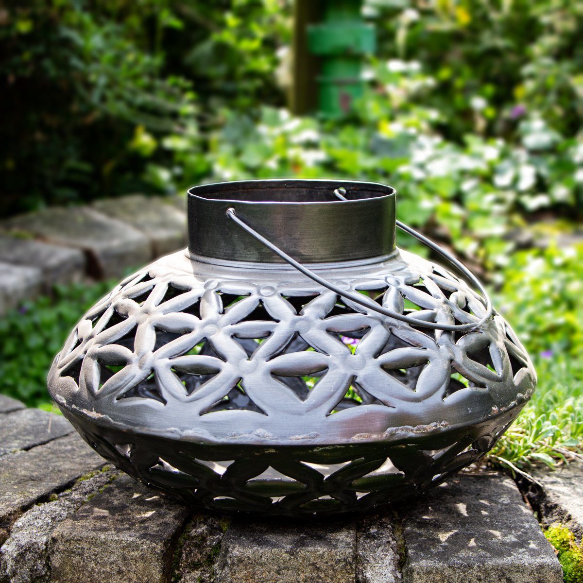 Antikas Wanddekoobjekt Laterne, Oval, Blumenmuster, Windlicht, Eisen, Grau-silber, H