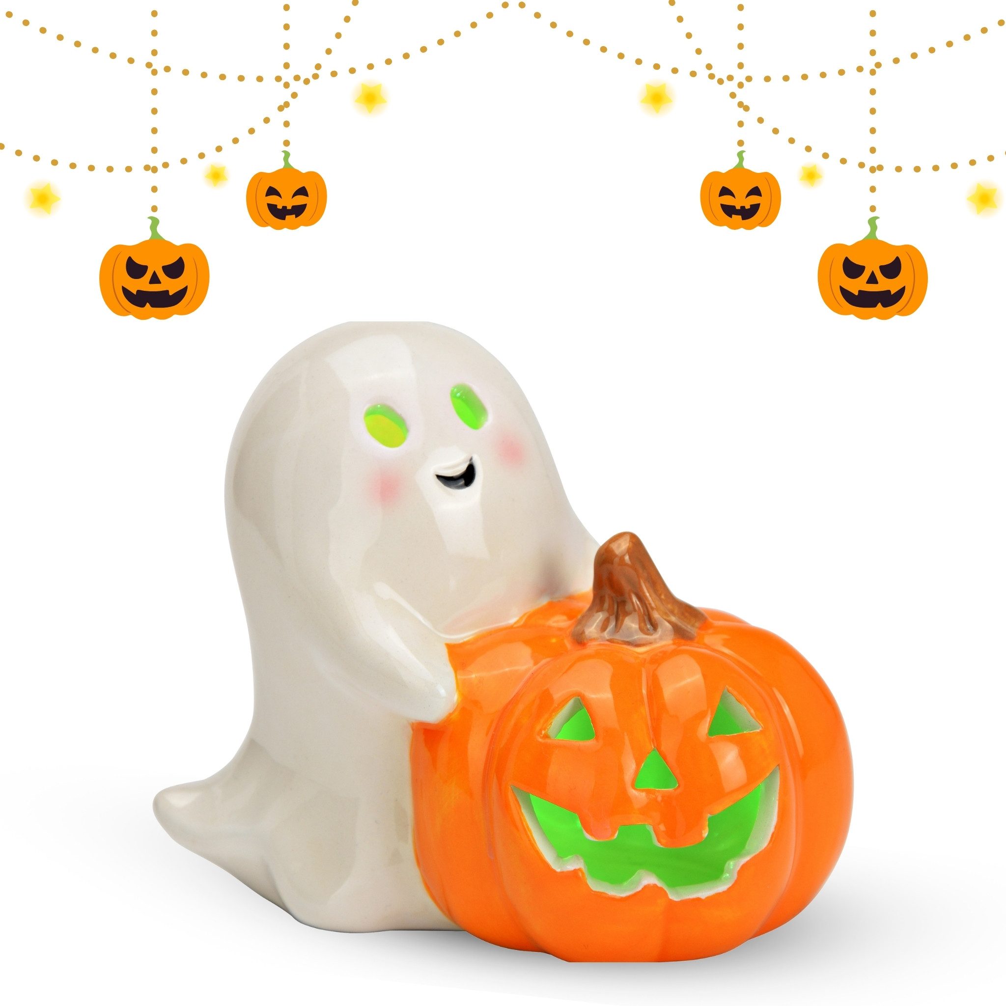 matches21 HOME & HOBBY Dekofigur Keramik Geist mit LED & Kürbis, Weiß, Hall günstig online kaufen