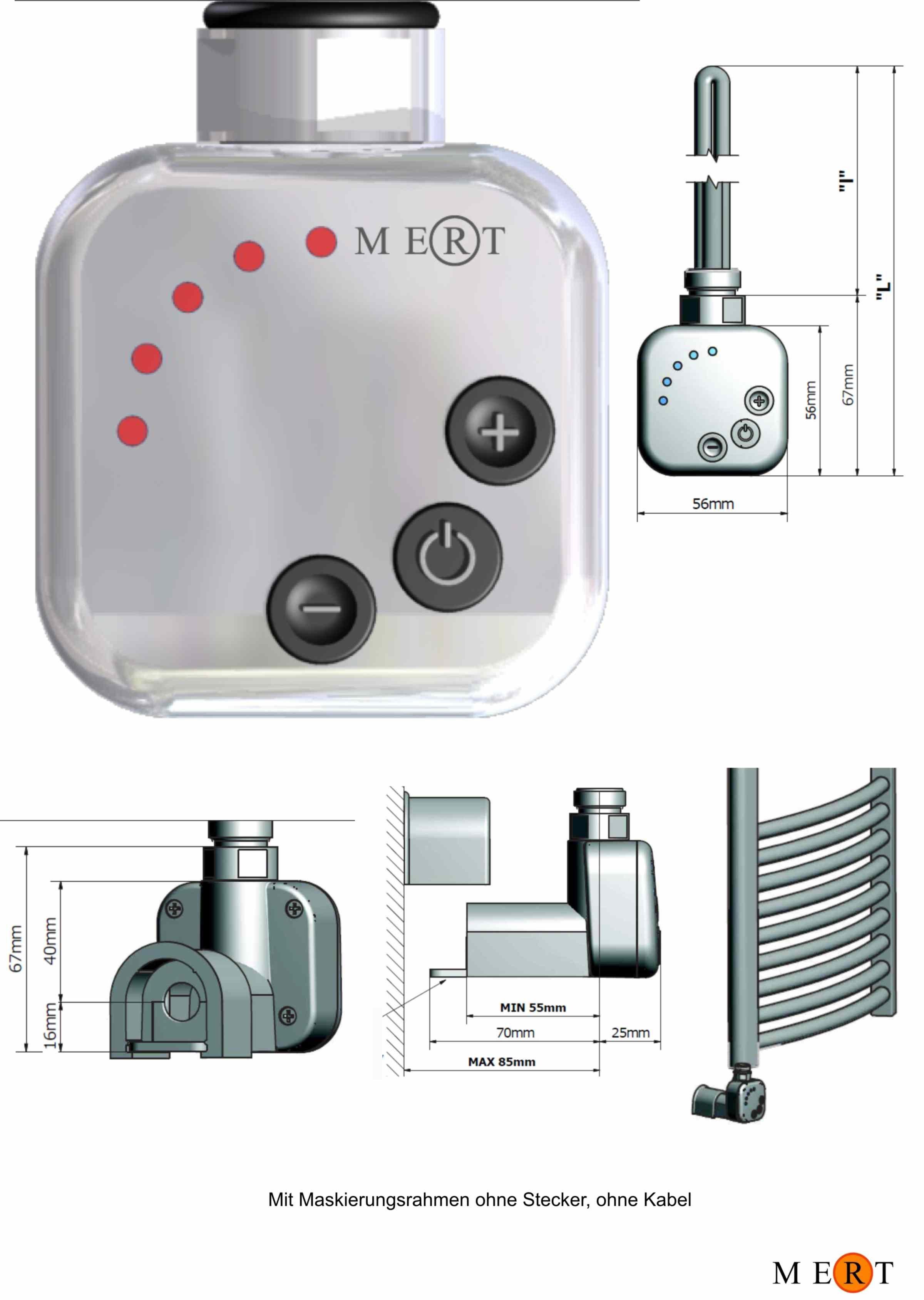 MERT Heizstab KMX1 - REGLER mit HEIZSTAB Weiß, Heizstab mit Regler komplett set, Kabellänge 0,5-2,2 m, 2Timer Modus, Heizstufe 30°-60° Grad