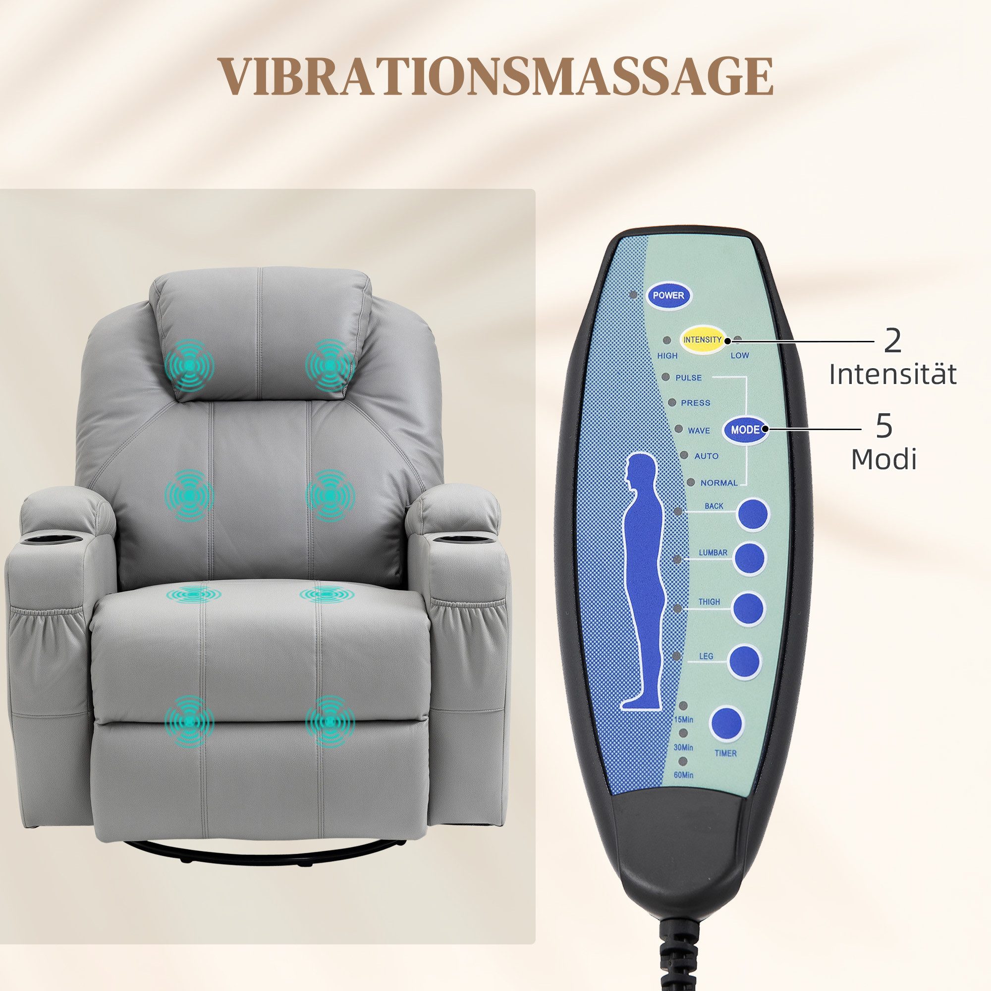 HOMCOM Massagesessel Fernsehsessel mit Liegefunktion, Wippfunktion, Drehbar (Ruhesessel, 1-St., Relaxsessel), für Wohnzimmer, Grau – Bild 4 von 5