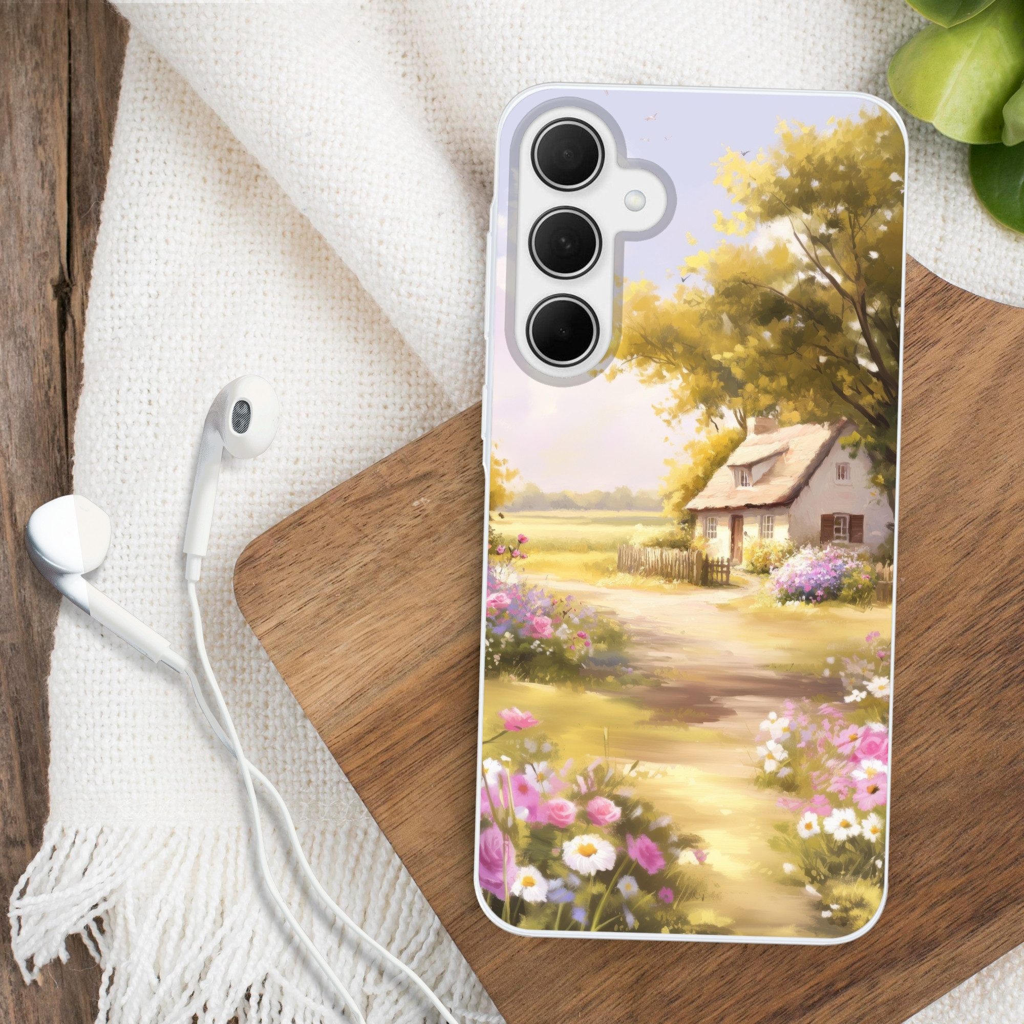 MuchoWow Handyhülle für Samsung Galaxy A35 5G Landhaus - Holz - Blumen, Smartphone-Bumper, Print, Handy Schutzhülle Dünn
