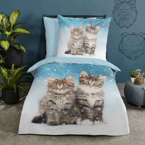 Bettwäsche Katzen, TRAUMSCHLAF, Flanell, 2 teilig, weich und warm