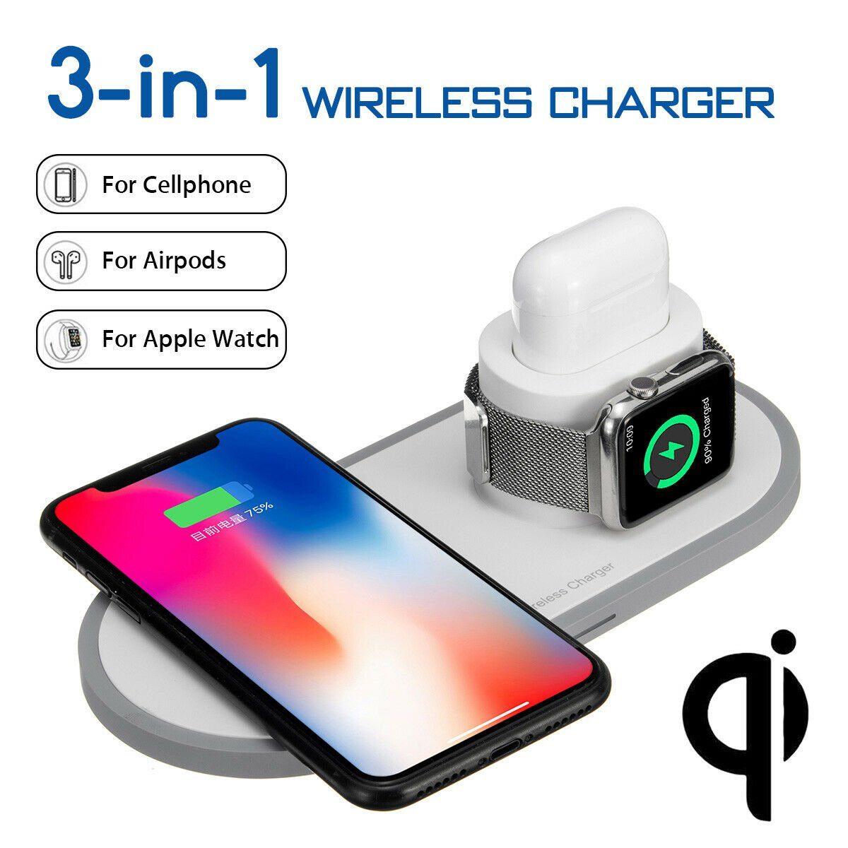 2Pace 2Pace® 3 in 1 QI Charger 10W Ladegerät Ladestation für Apple Watch Ladestation (Stück, Airpods Anschluss,Apple Watch Anschluss)