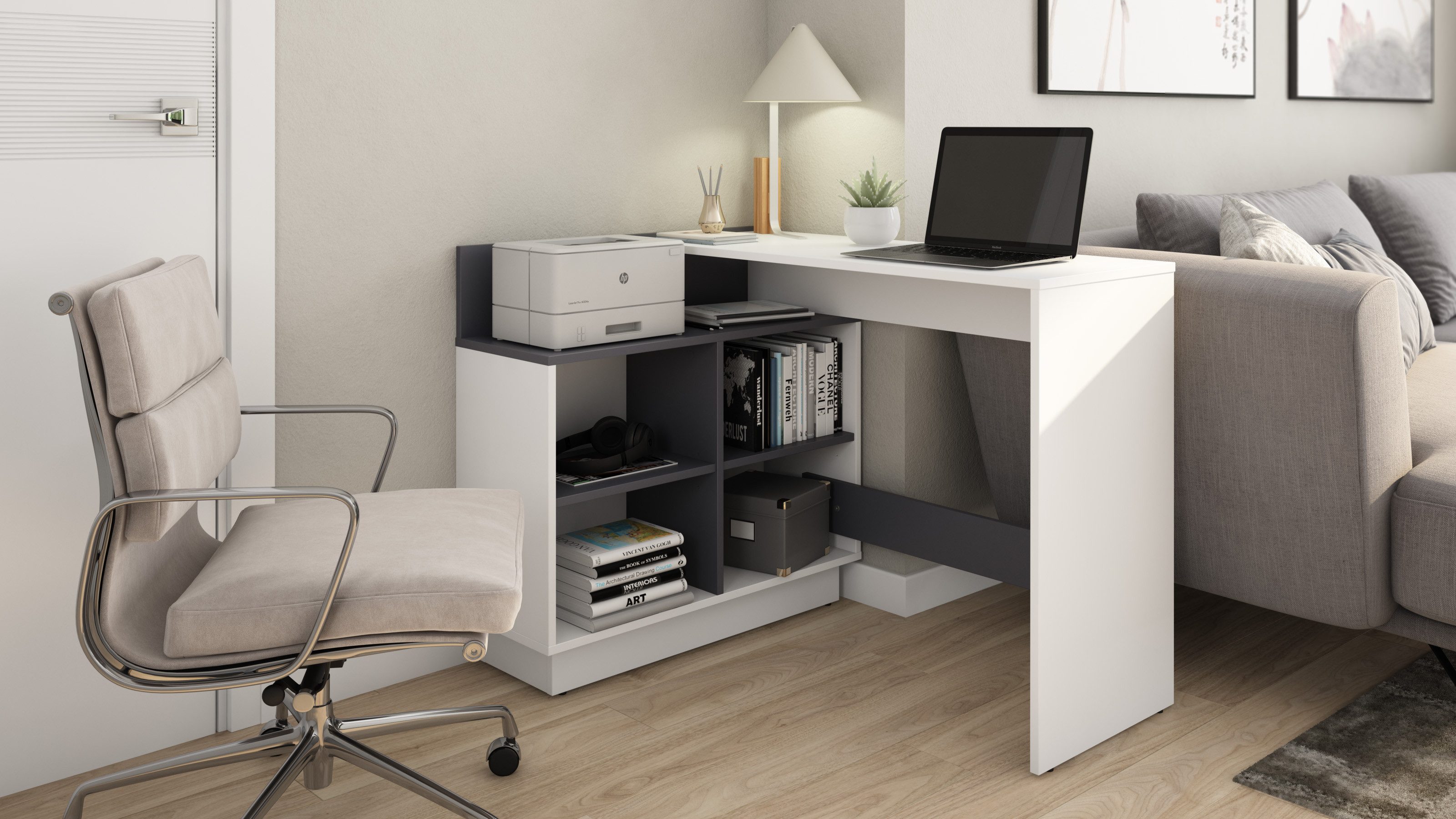 byLIVING Eckschreibtisch Bern, platzsparender Schreibtisch, rechts und links montierbar, 102x80cm.